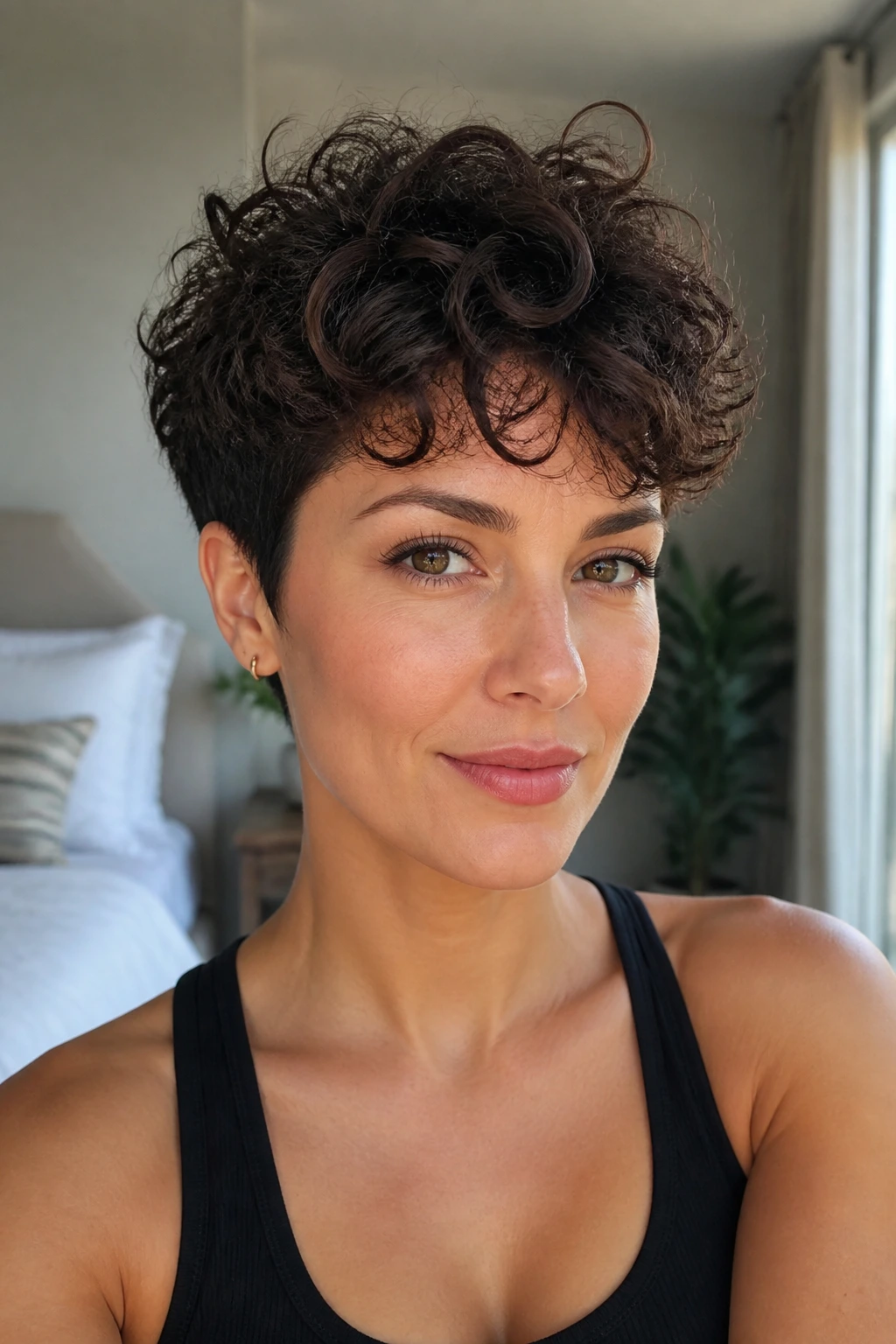 Close-up portrait of a real woman with an airy curly pixie under bright morning light