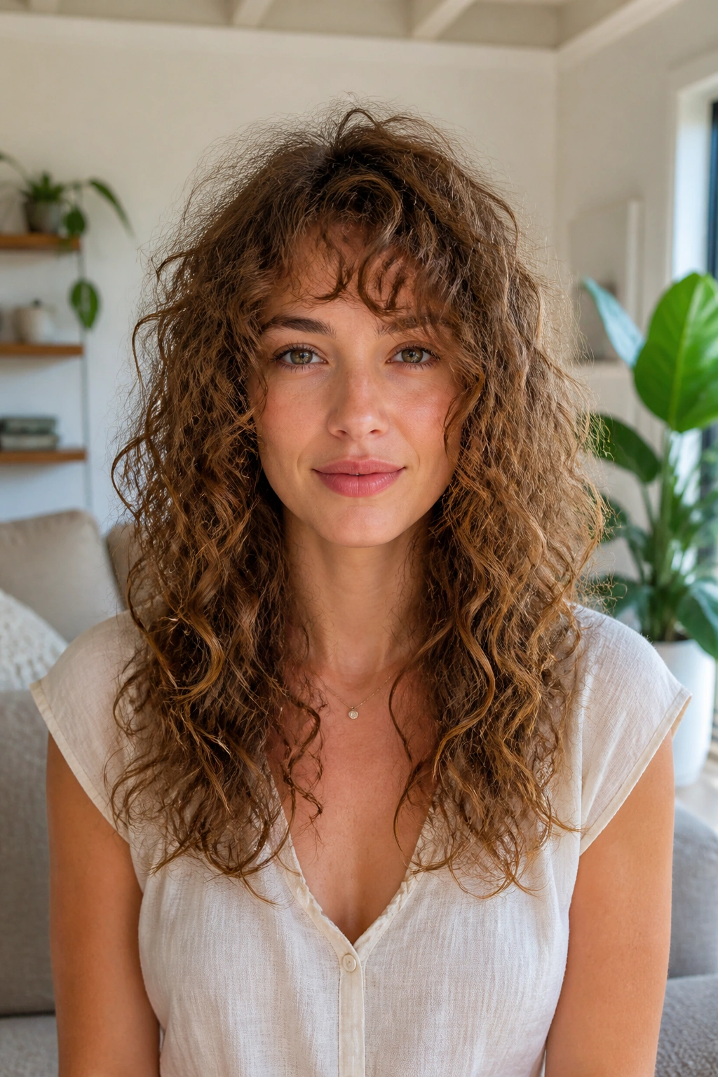 Close-up of a real woman with airy curly shag for fine hair in bright room