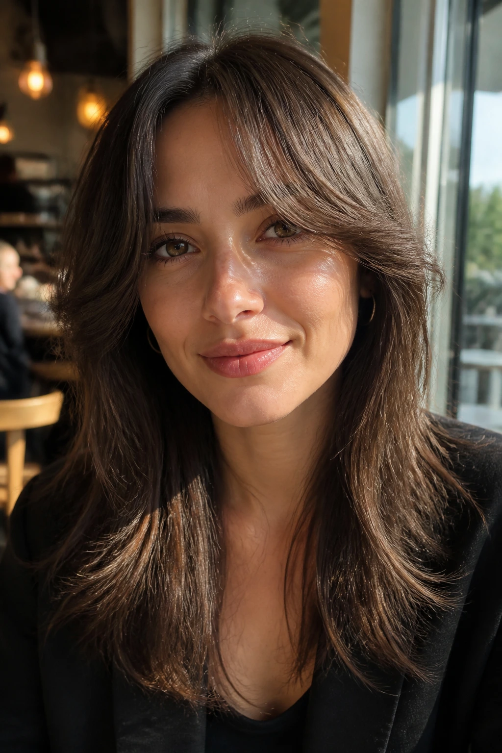 Close-up of a woman with airy curtain bangs flicking at the ends