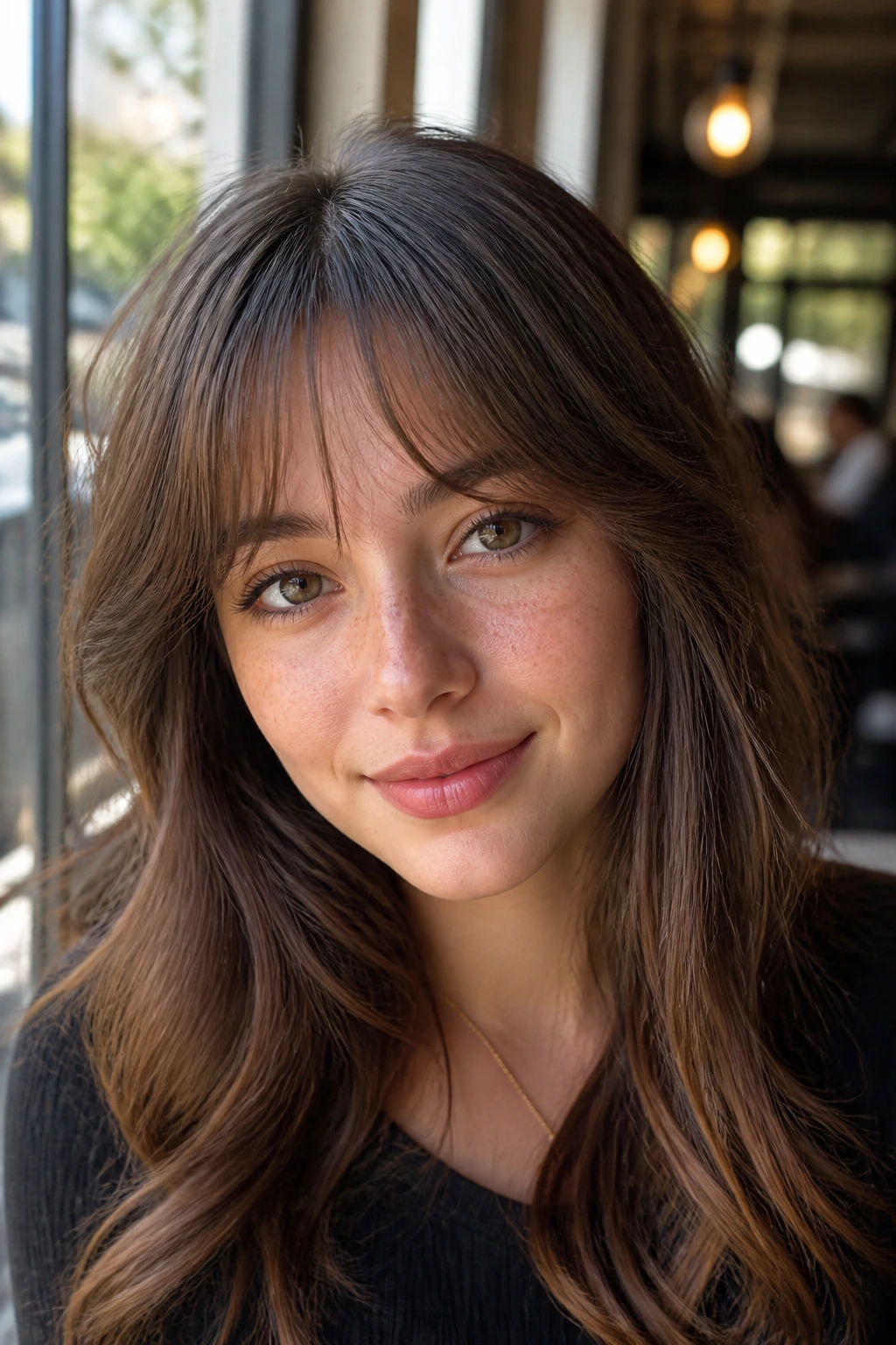 Close-up portrait of a real person with airy micro curtain bangs above the brows