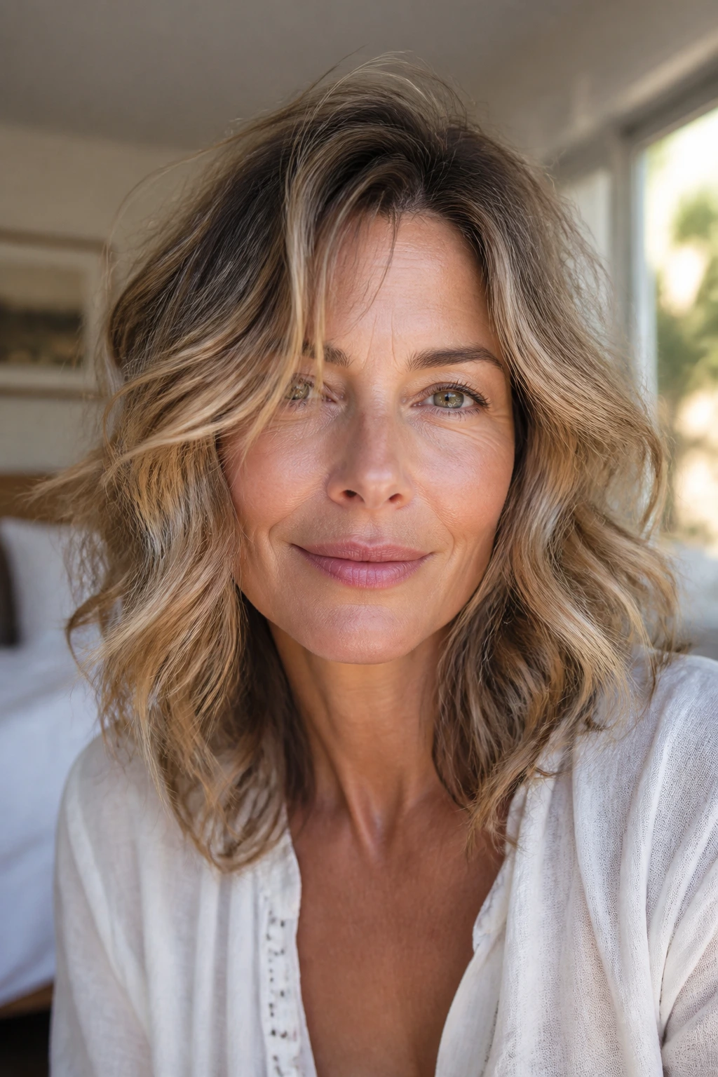 Close-up of a real woman with an airy layered cut for wavy hair in natural window light.