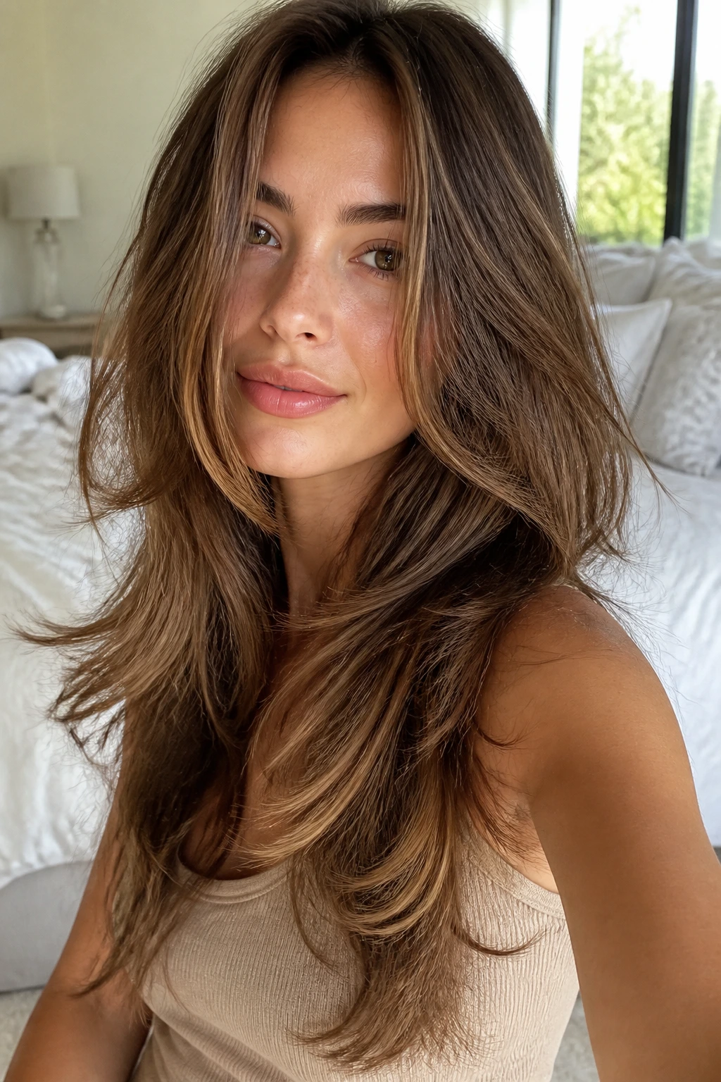 Close-up portrait of a real woman with airy, feathery hair ends.