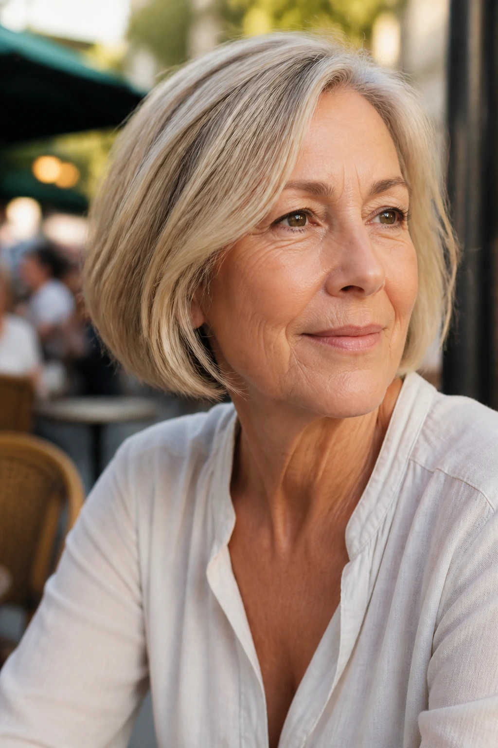 Real woman with an airy low-maintenance French bob for active days outdoors.