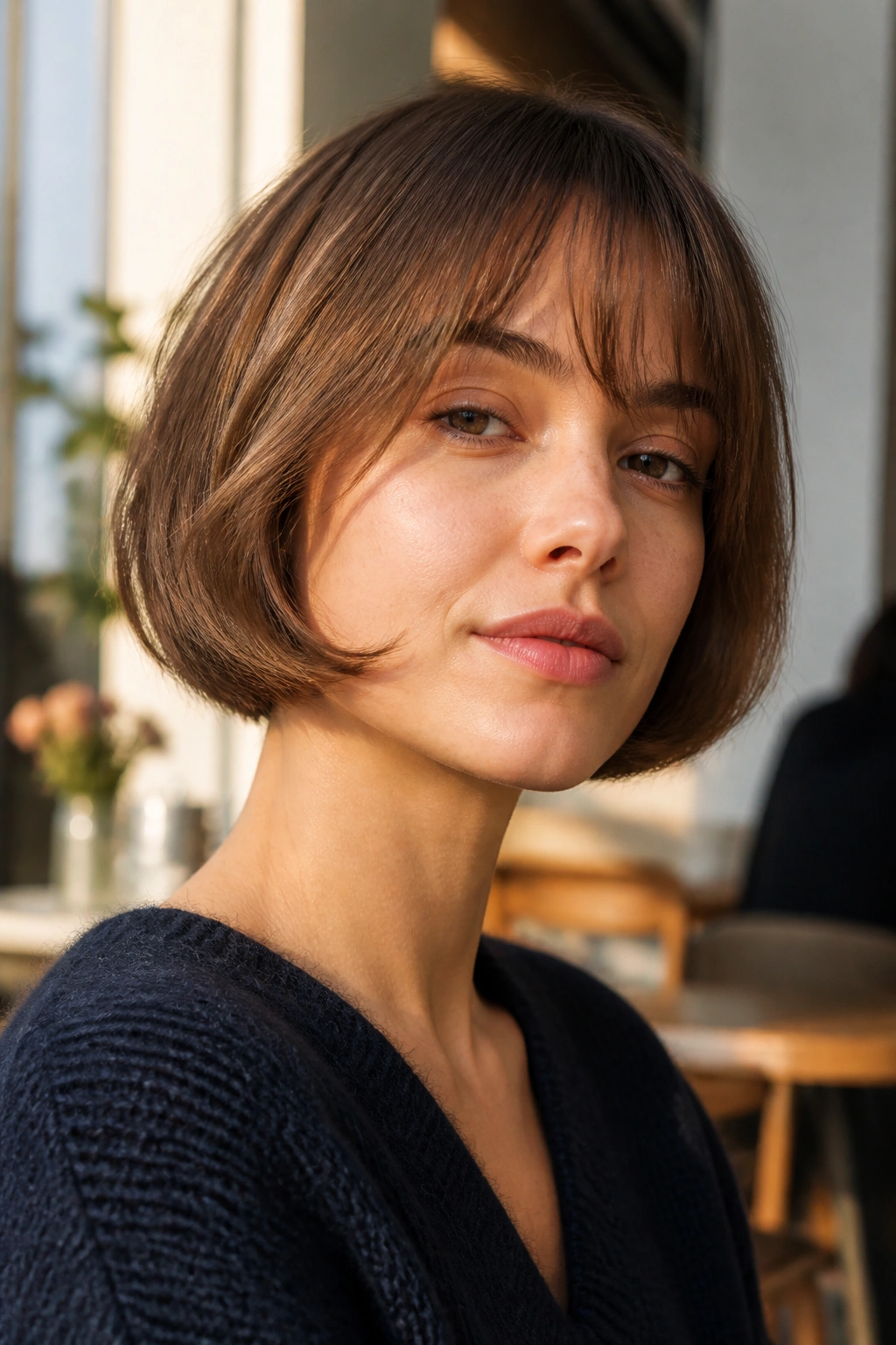 Close-up of a real woman with a soft, airy French bob and minimal layers in natural daylight