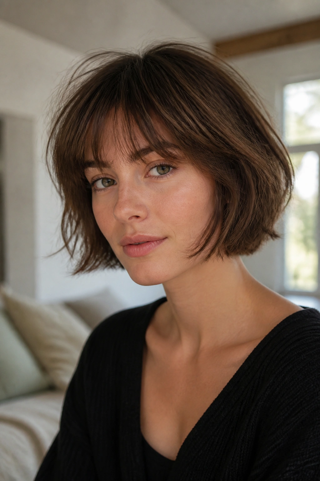 Real woman with airy French bob and wispy fringe in natural window light