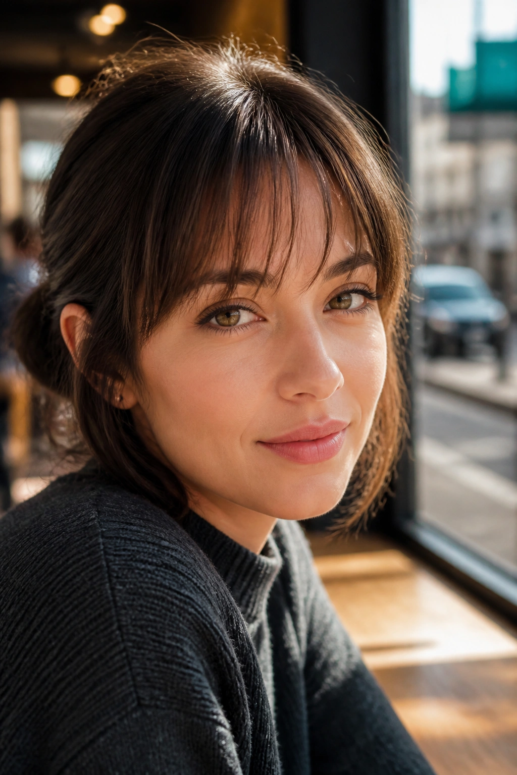 Close-up of a real woman with airy French fringe and separated ends