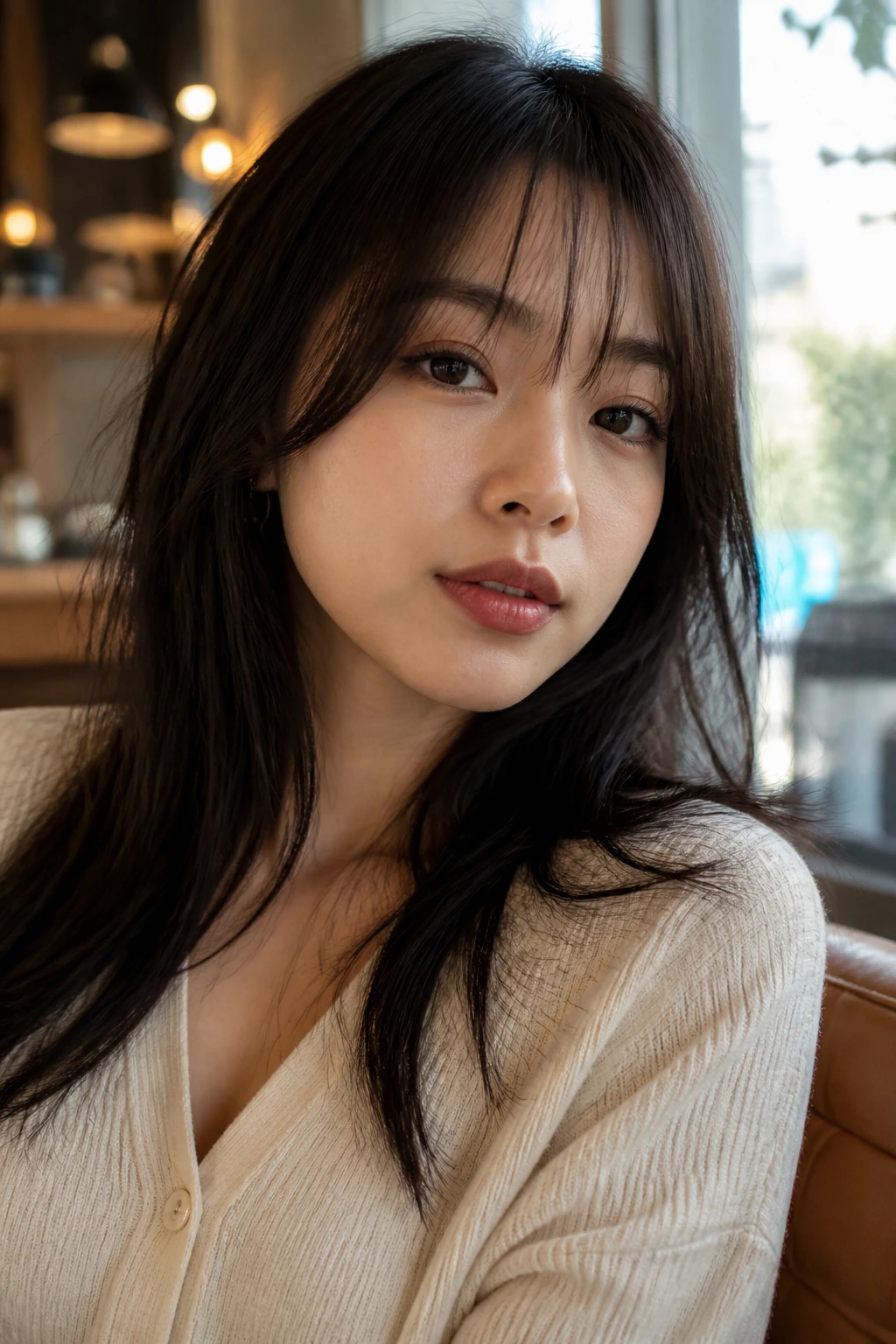 Close-up of a real person with a barely-there airy fringe in warm natural light