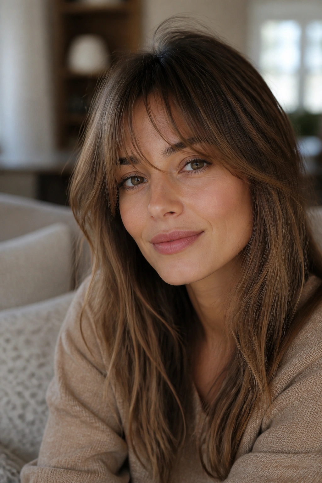Close-up of a real woman with an airy grown-out fringe in soft natural light.