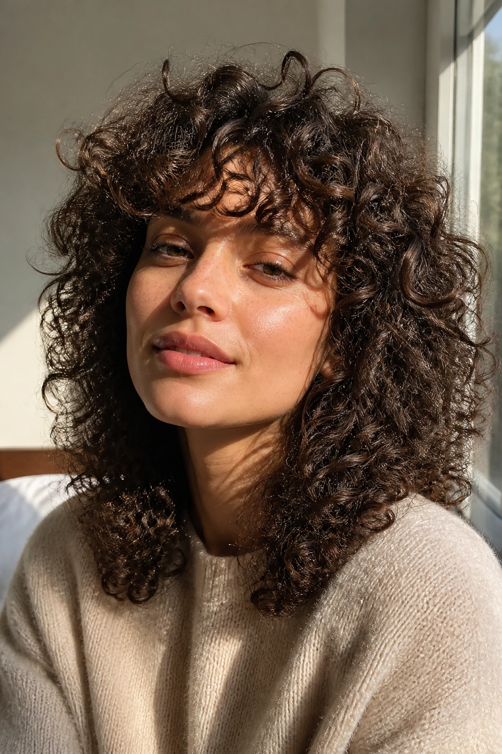 Portrait of real person with airy halo layers on 3A curls in a sunlit space.