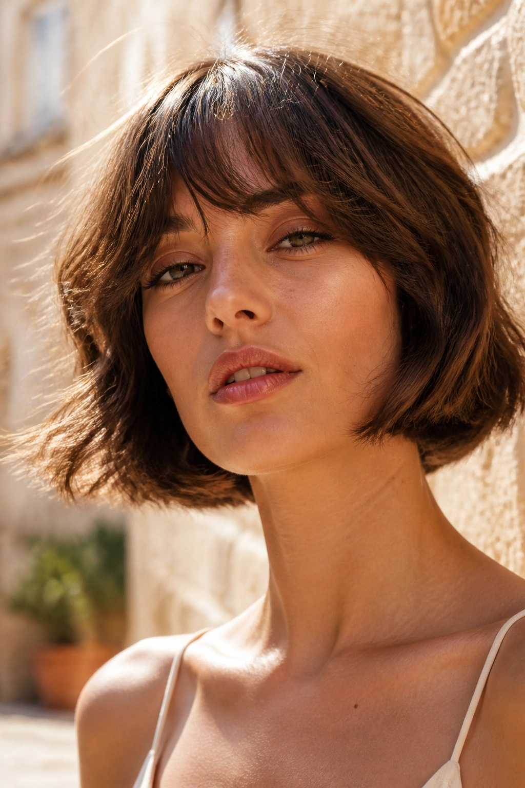 Close-up of a real woman with an airy Italian bob and feathered fringe outdoors
