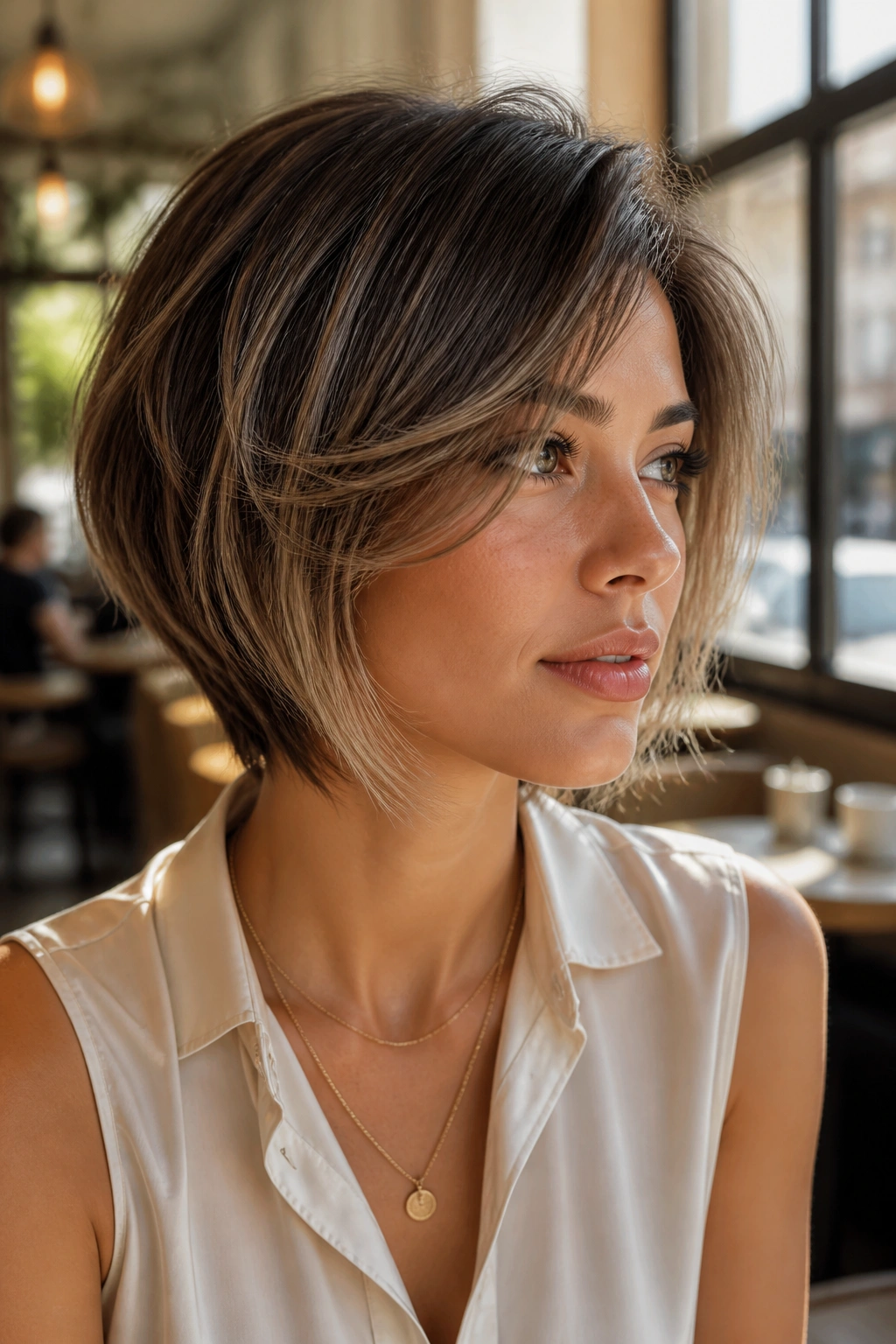 Close-up portrait of a real woman with an airy layered bob in warm cafe light.