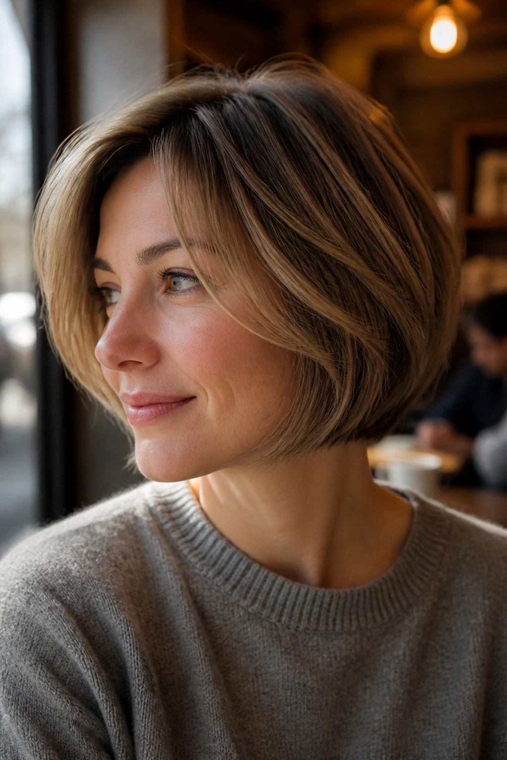 Real person with airy layered bob in cozy cafe light.