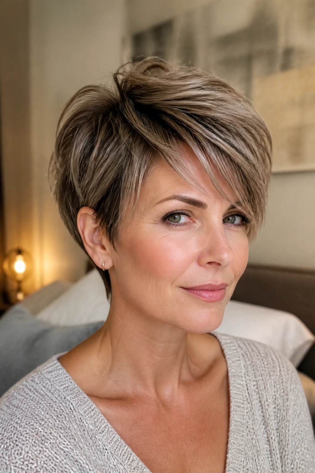 Close-up portrait of a real woman with airy layered pixie for dense hair, crown lift and soft sides