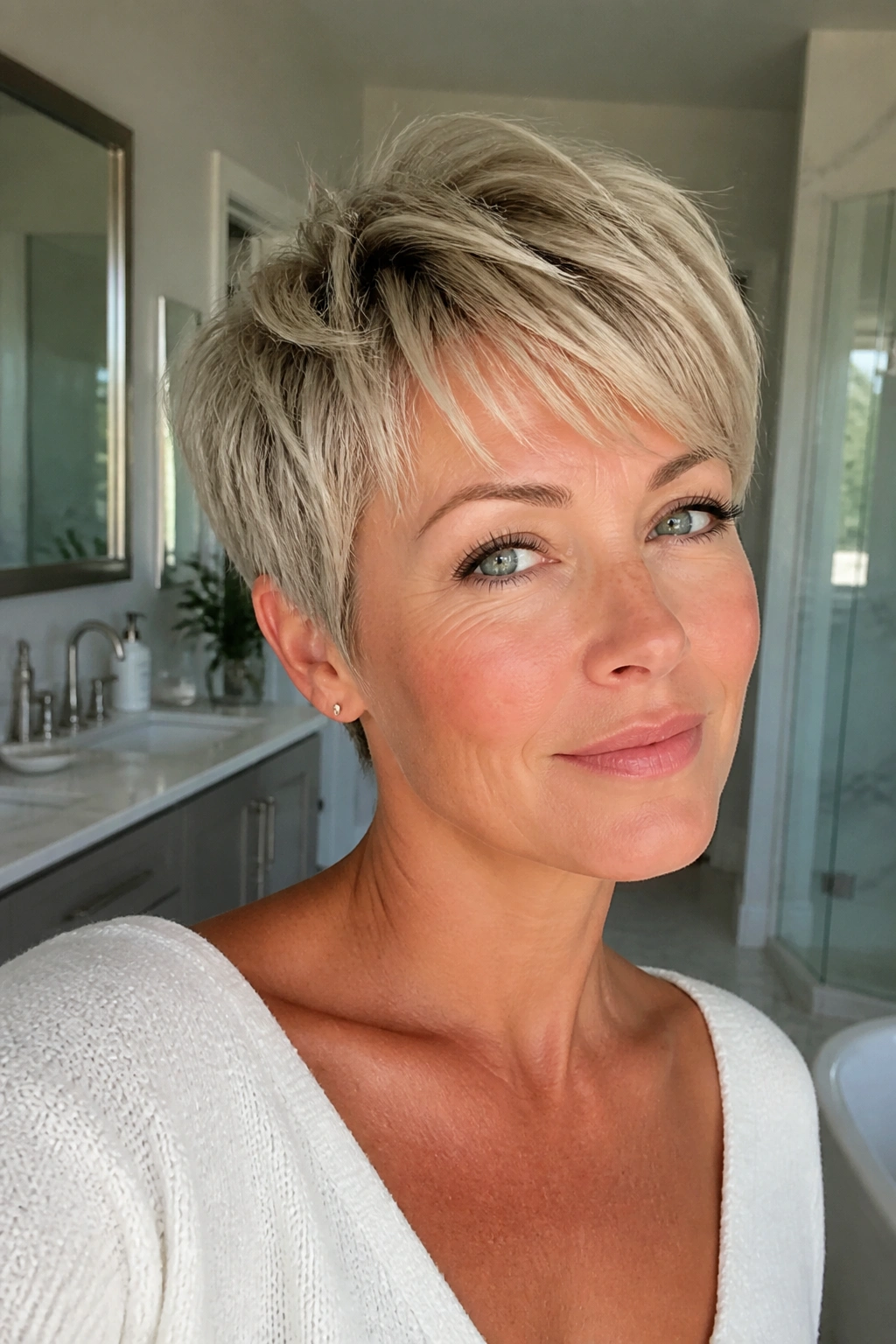 Close-up portrait of a real woman with an airy layered pixie for fine hair.