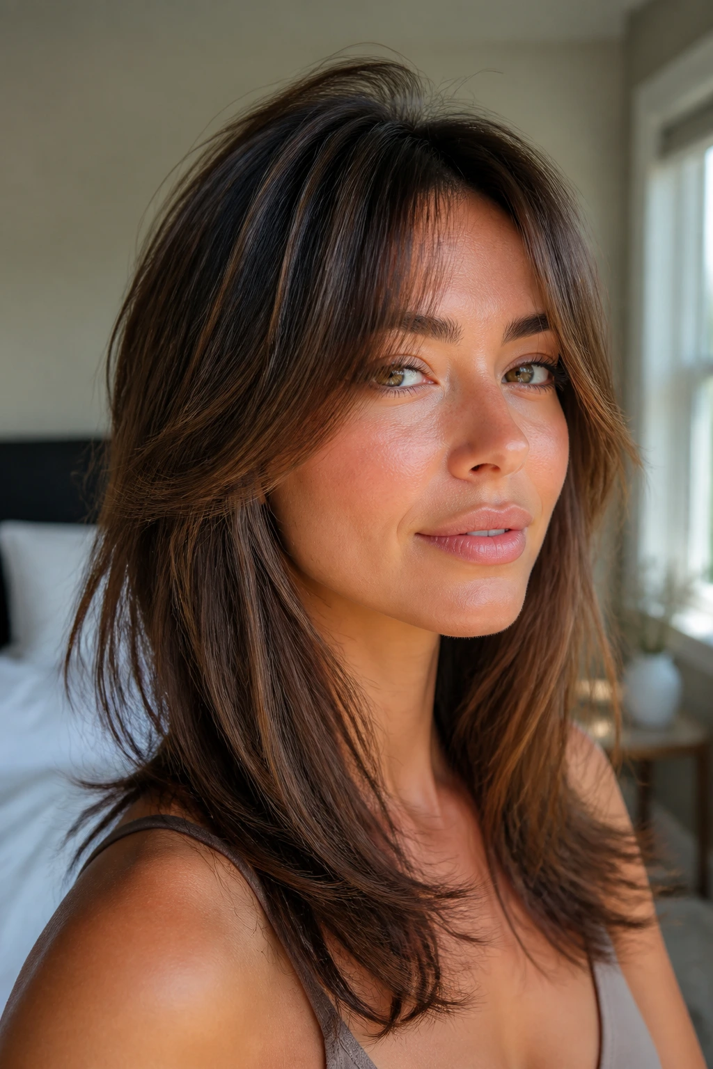 Close-up of a real woman with airy layers lifting flat hair at the crown