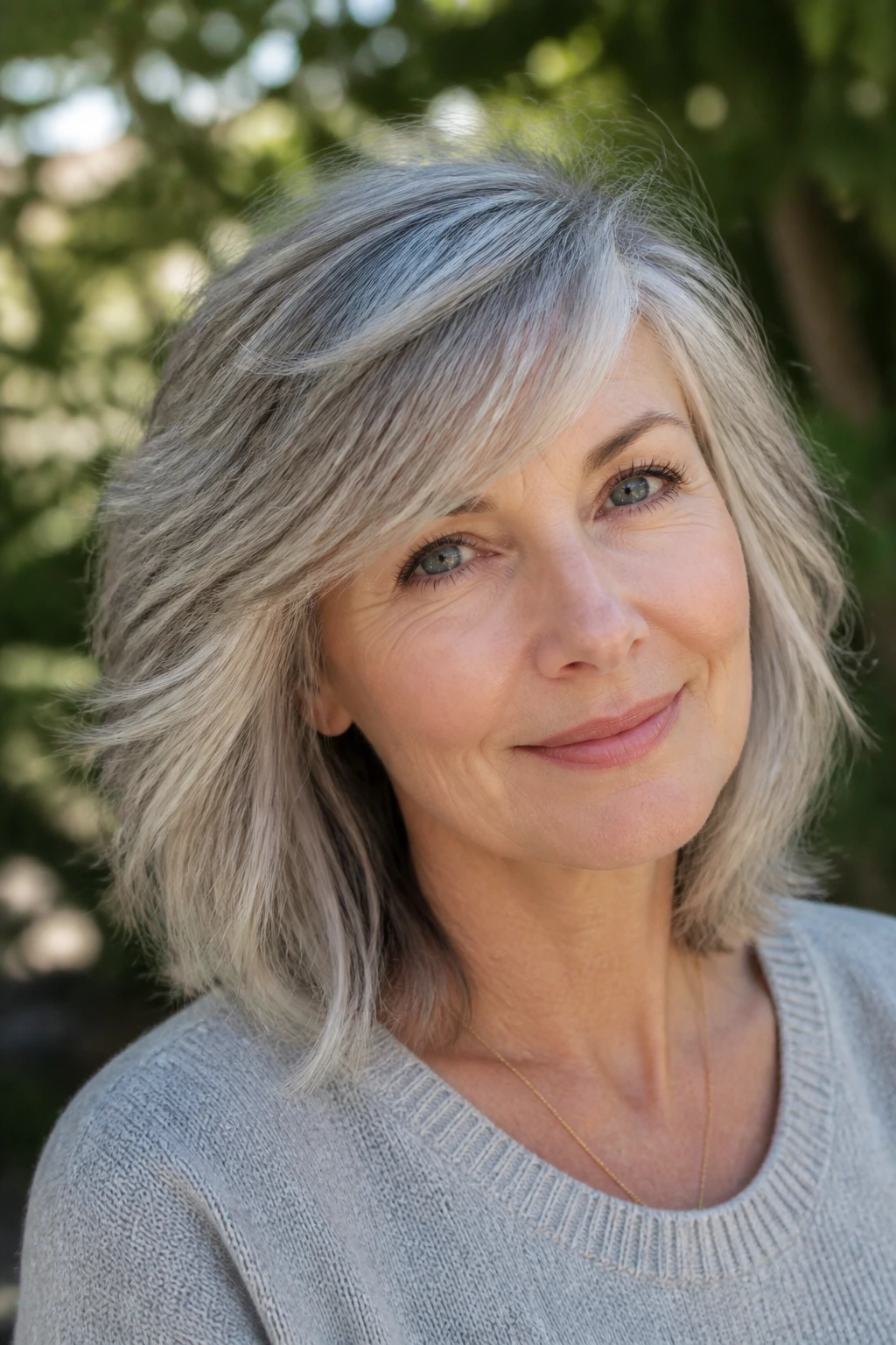 Close-up portrait of a real woman with airy layered gray hair and a side fringe
