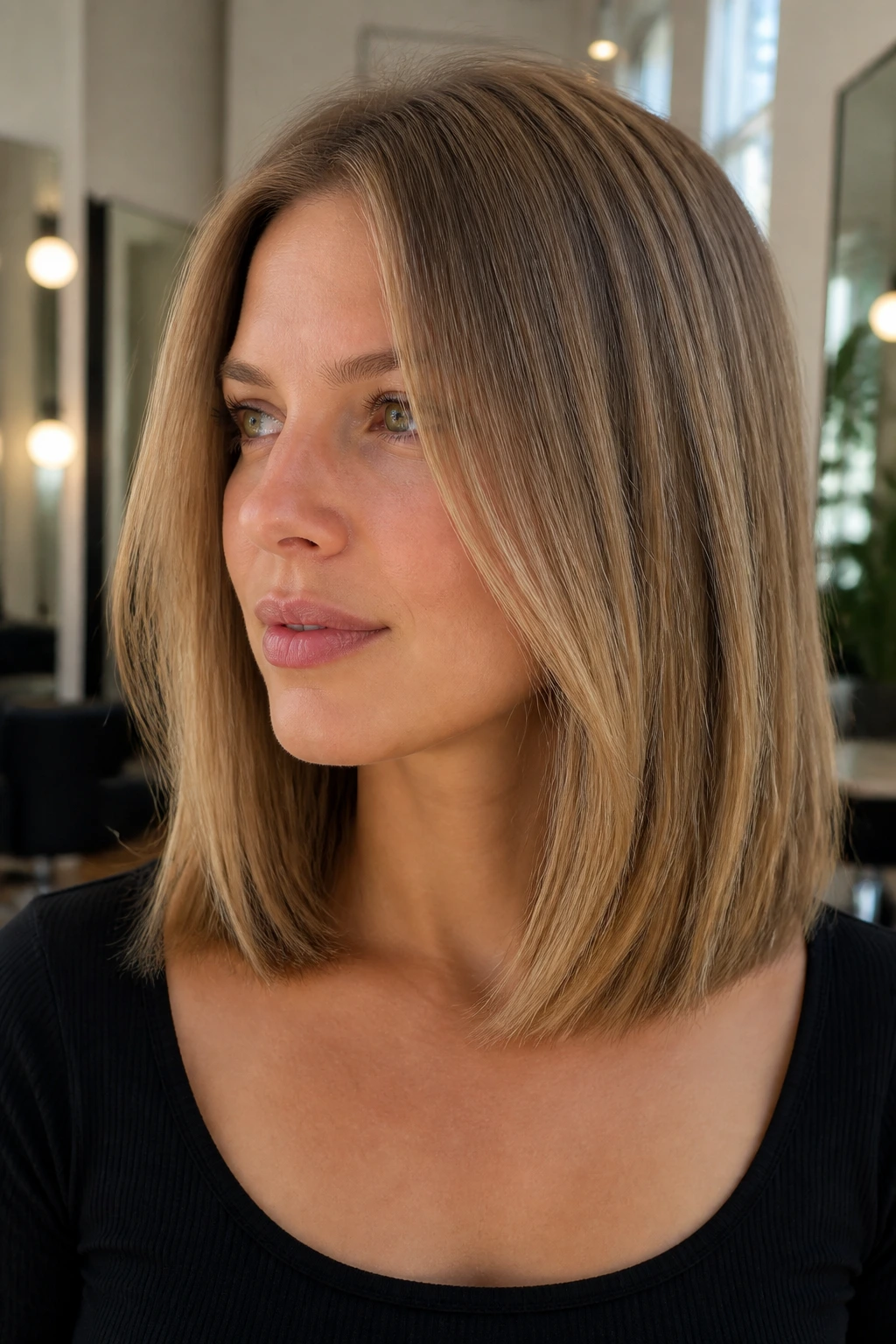 Portrait of a person with an airy one-length lob showing hidden movement in mid-lengths
