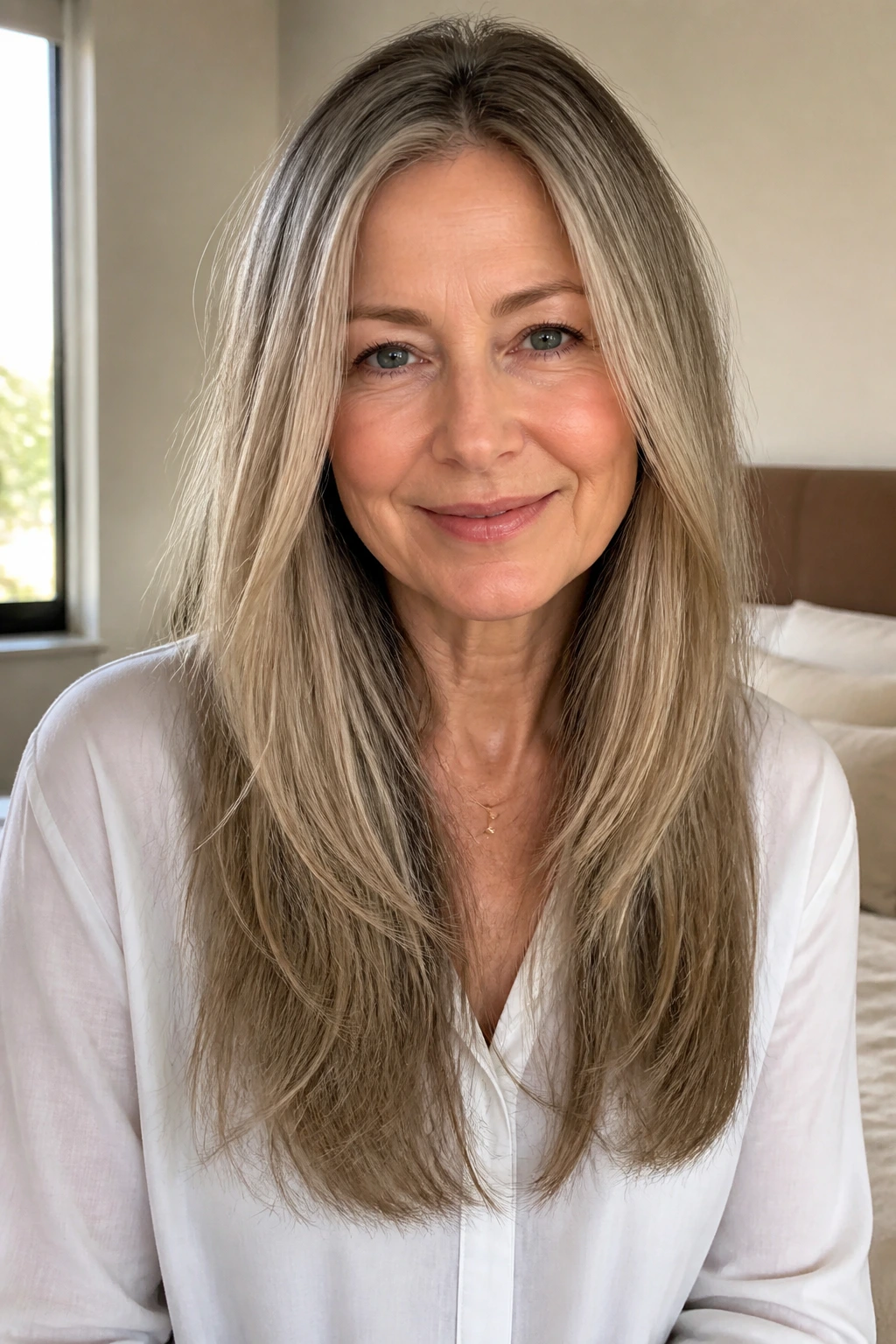 Portrait of a real woman with airy long cut on straight hair showing subtle movement.