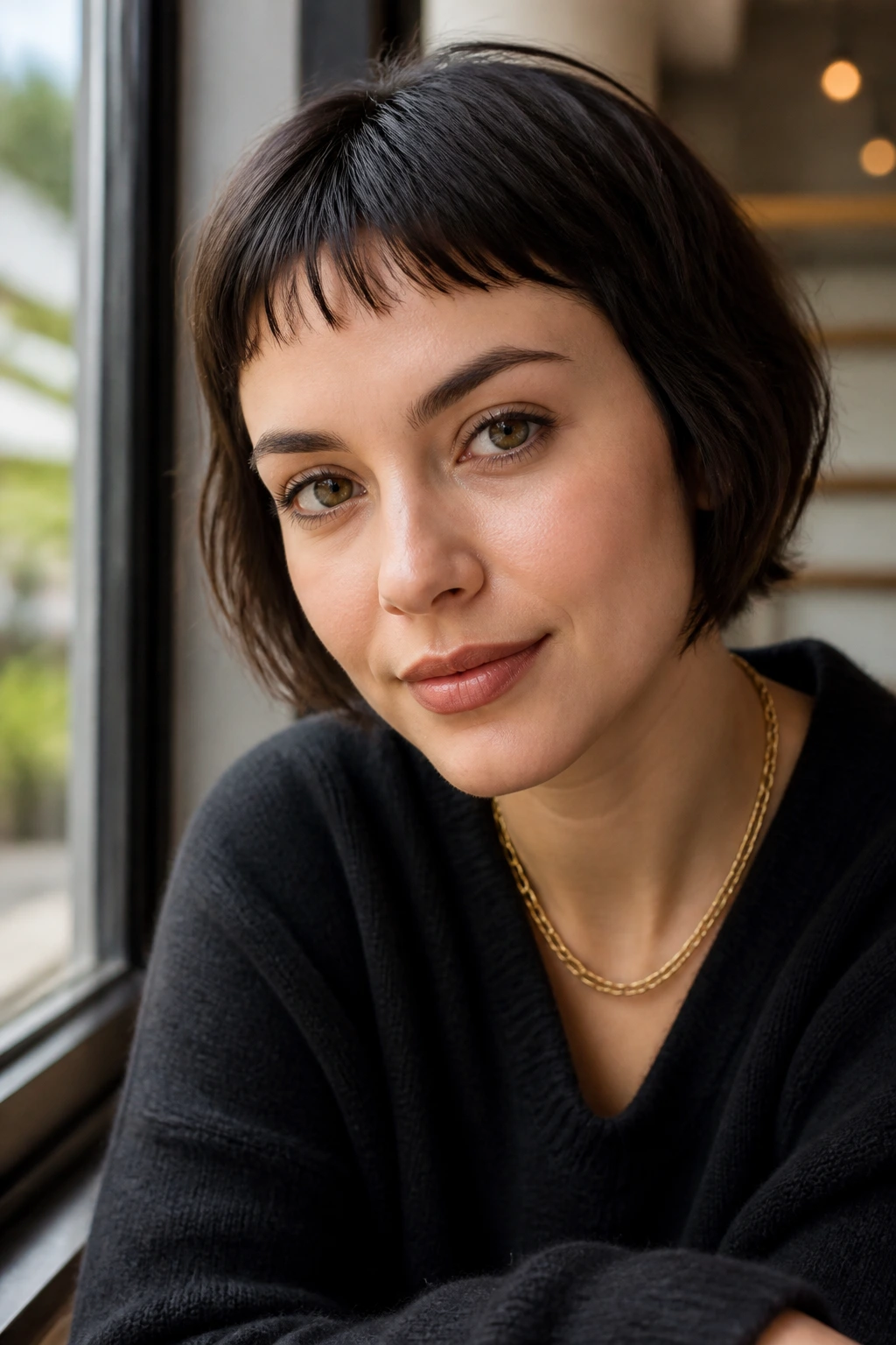 Close-up of a real person with a narrow, feathered airy micro fringe in natural light
