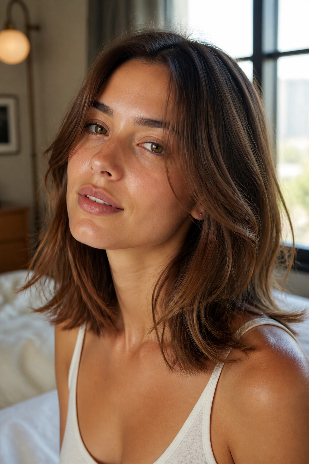 Close-up portrait of a real woman with an airy mid-length cut, soft ends, natural movement, sunlit room