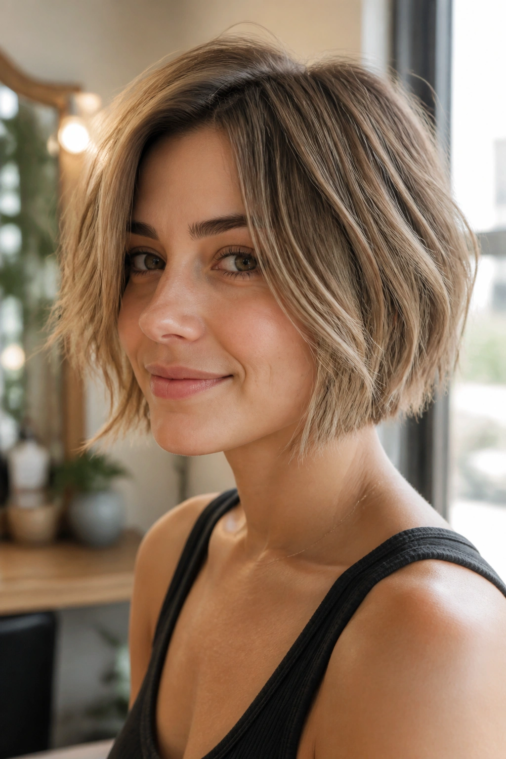 Close-up portrait of a real woman with an airy razor-cut bob for fine hair in a bright salon