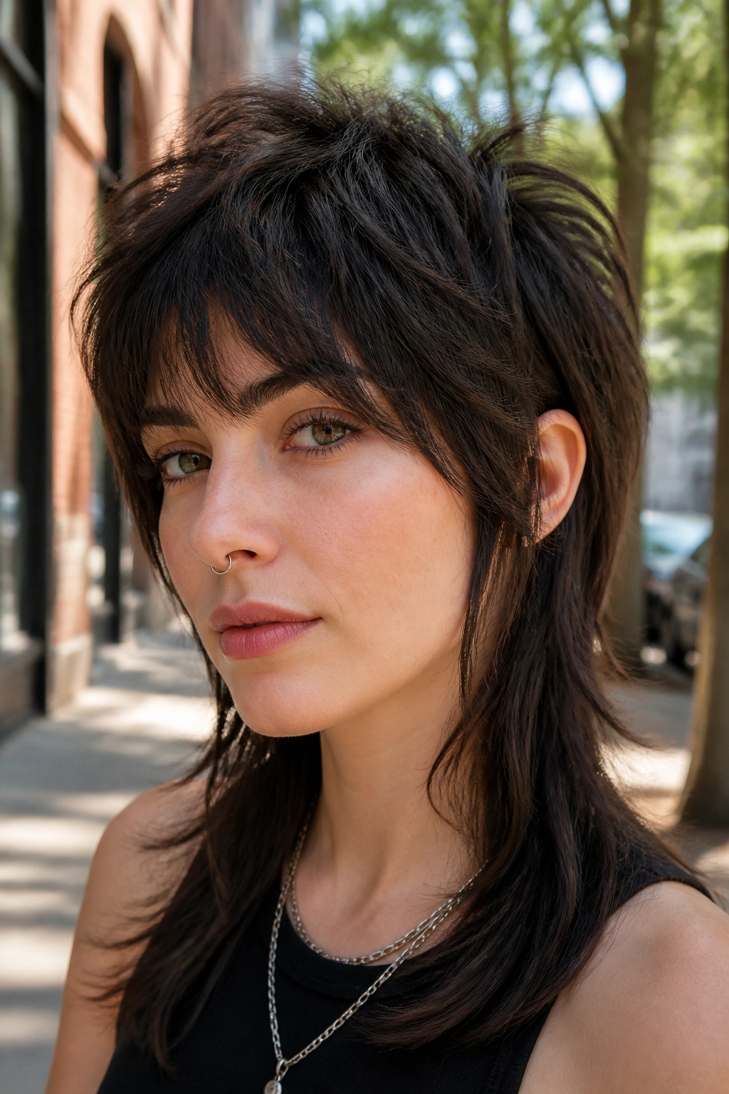 Real woman with airy razor-lift mullet under natural city light