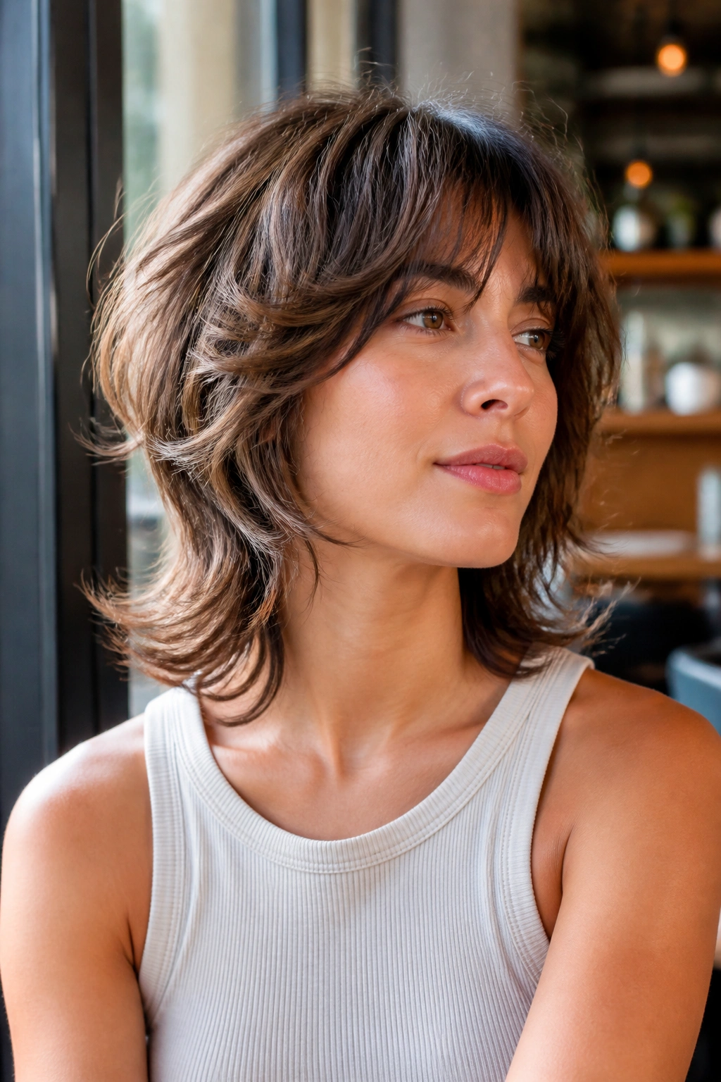 Close-up of a real person with an airy razor shag and flipped ends in a sunlit setting.
