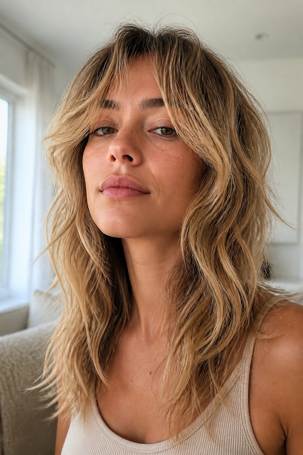 Close-up portrait of a real woman with airy razor shag and piecey waves