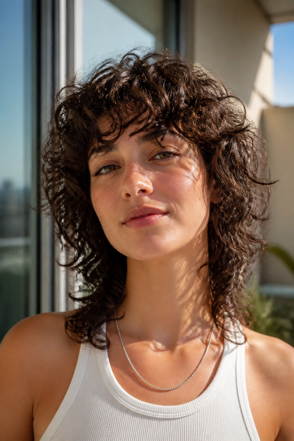 Close-up portrait of person with airy razor-cut curly shag