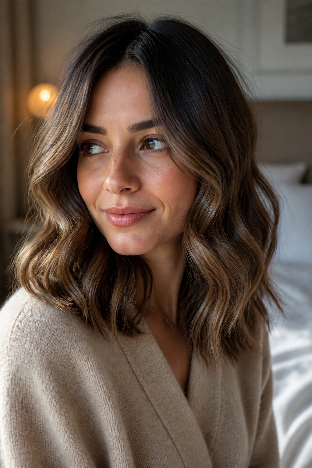 Close-up of a real woman with airy S-waves in medium-length hair under warm window light