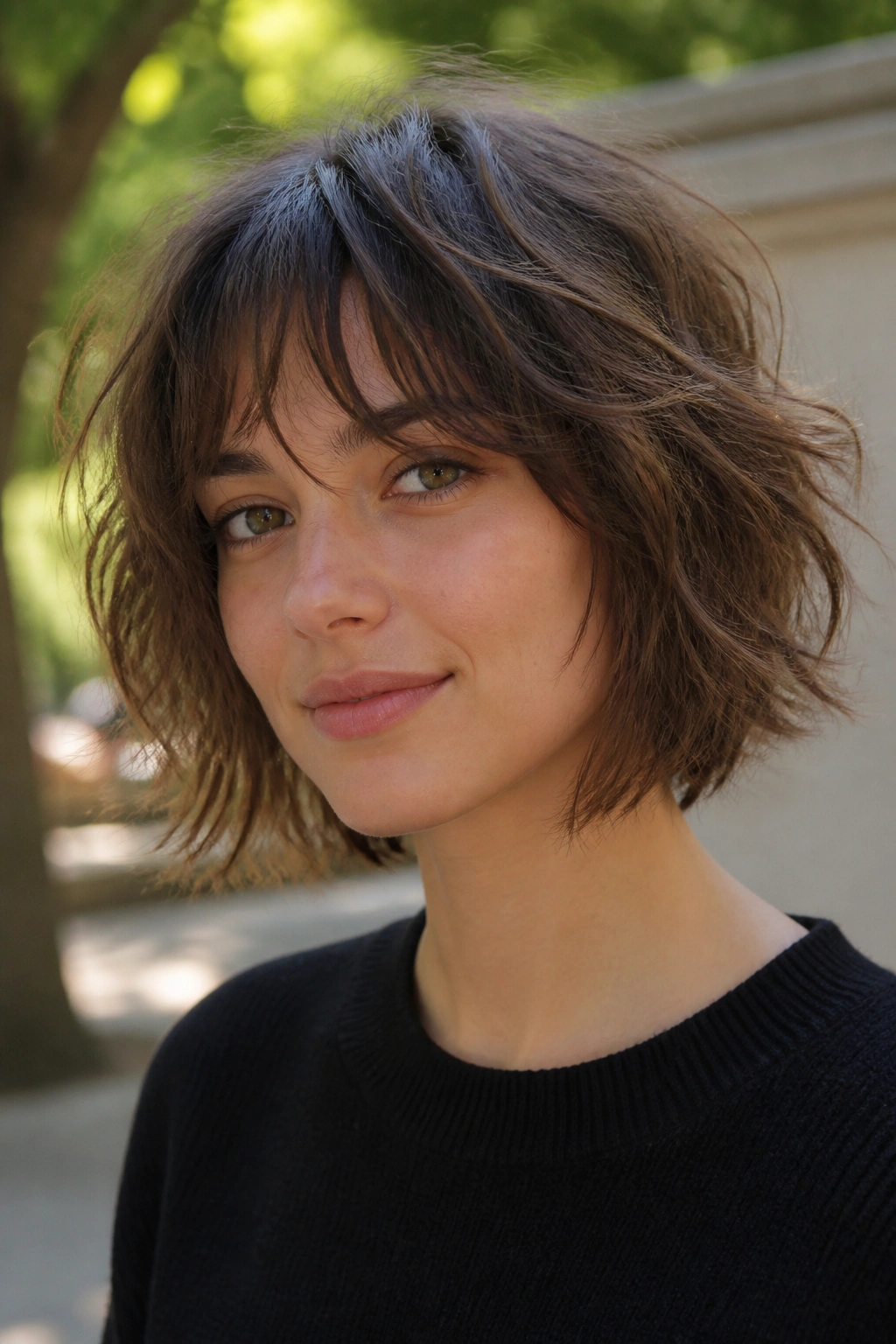 Close-up of a real woman with an airy shag bob, textured layers and wispy ends for a round face