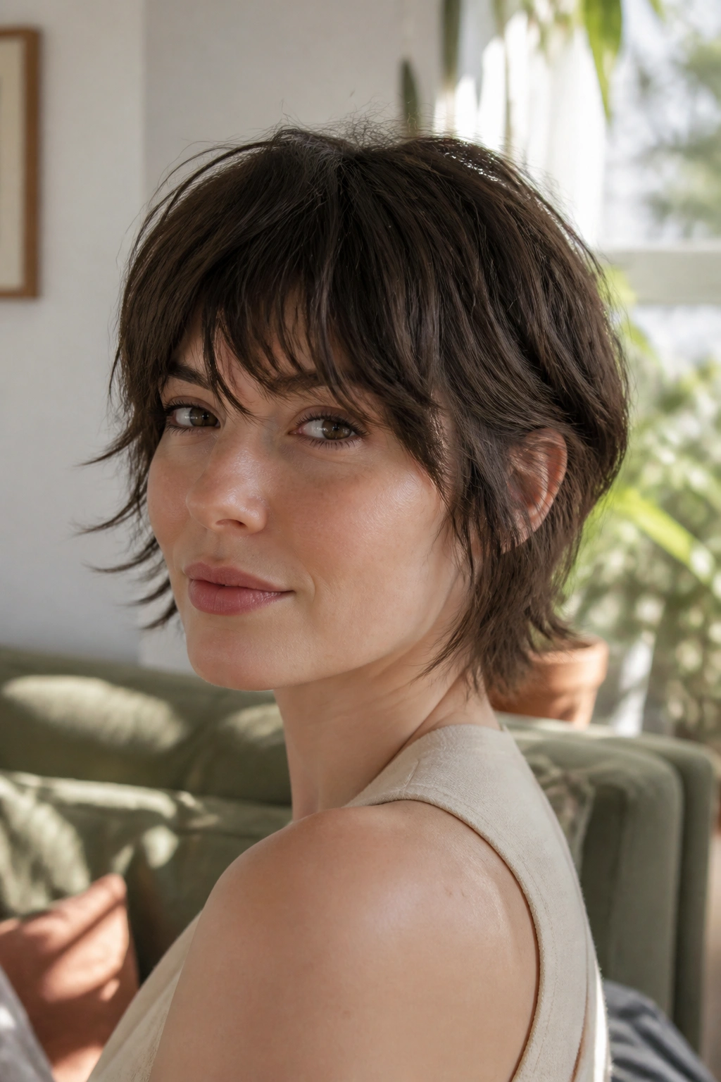 Real person with airy shag fringe blending into cropped layers in a cozy home setting.