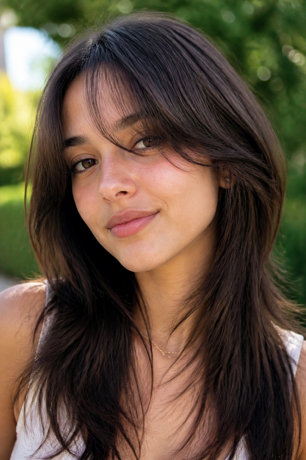 Close-up of a real woman with airy shag and invisible layers in daylight outdoors