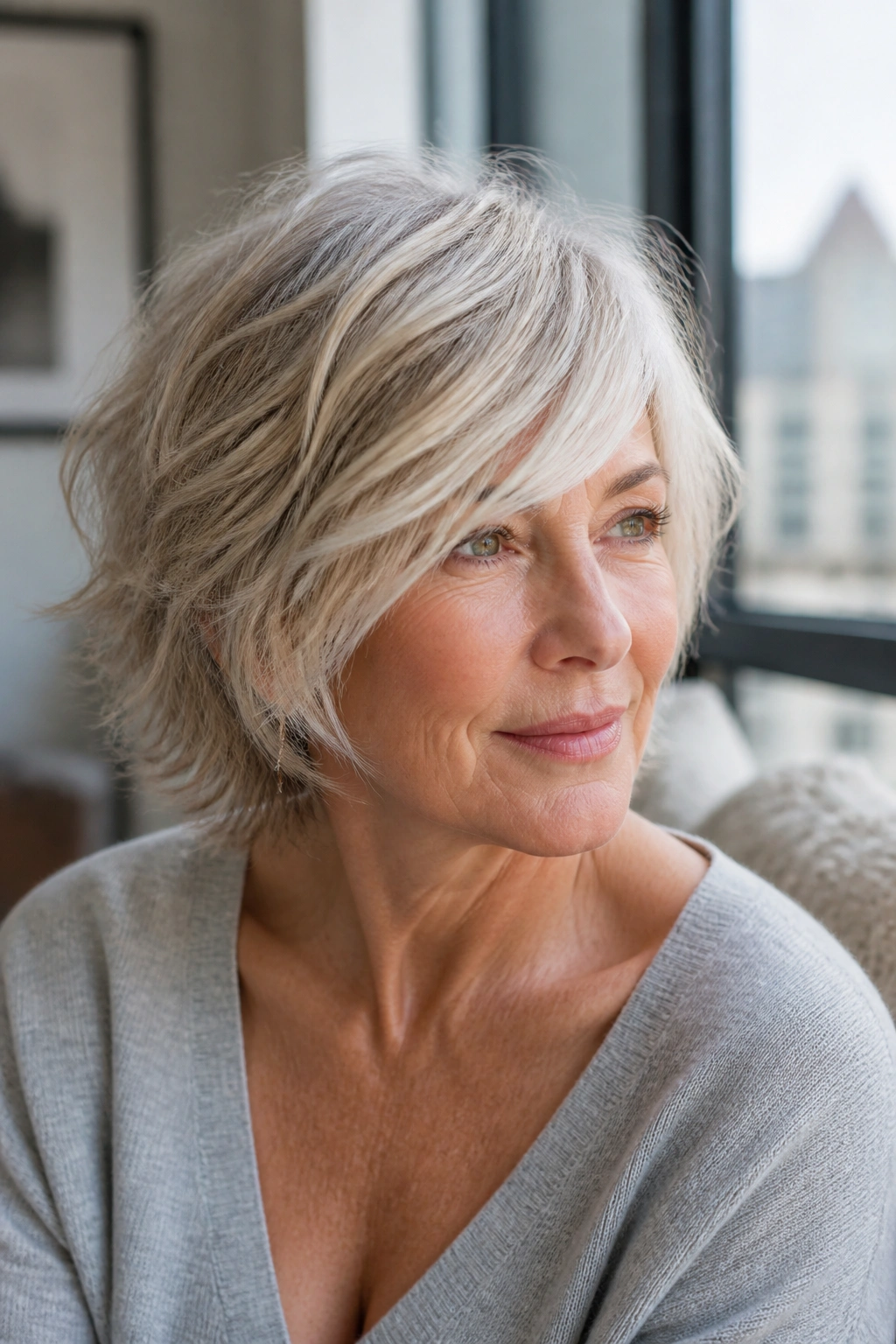 Portrait of a real woman with airy shag and long side fringe.