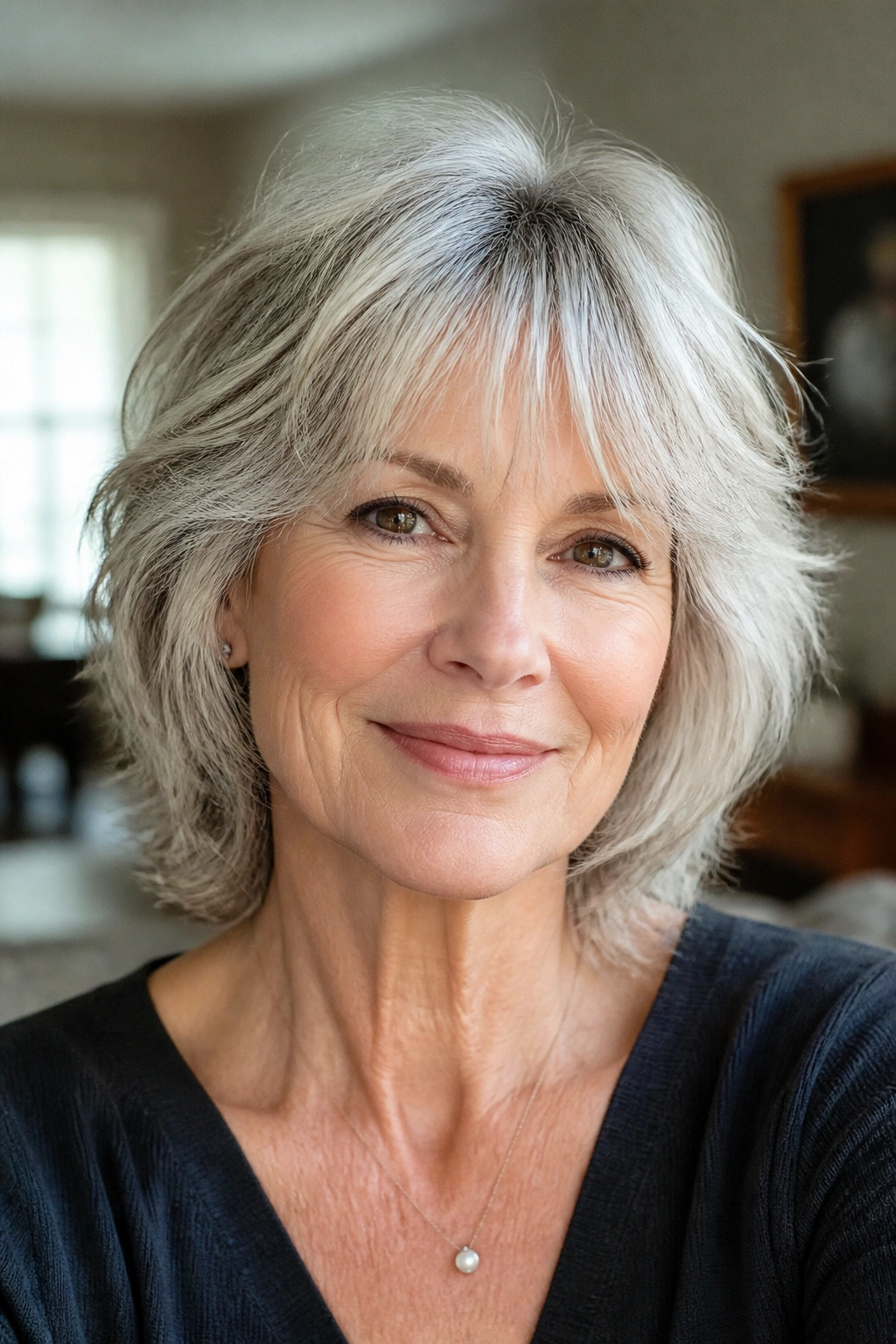 Close-up of a senior woman with an airy shag and wispy bangs
