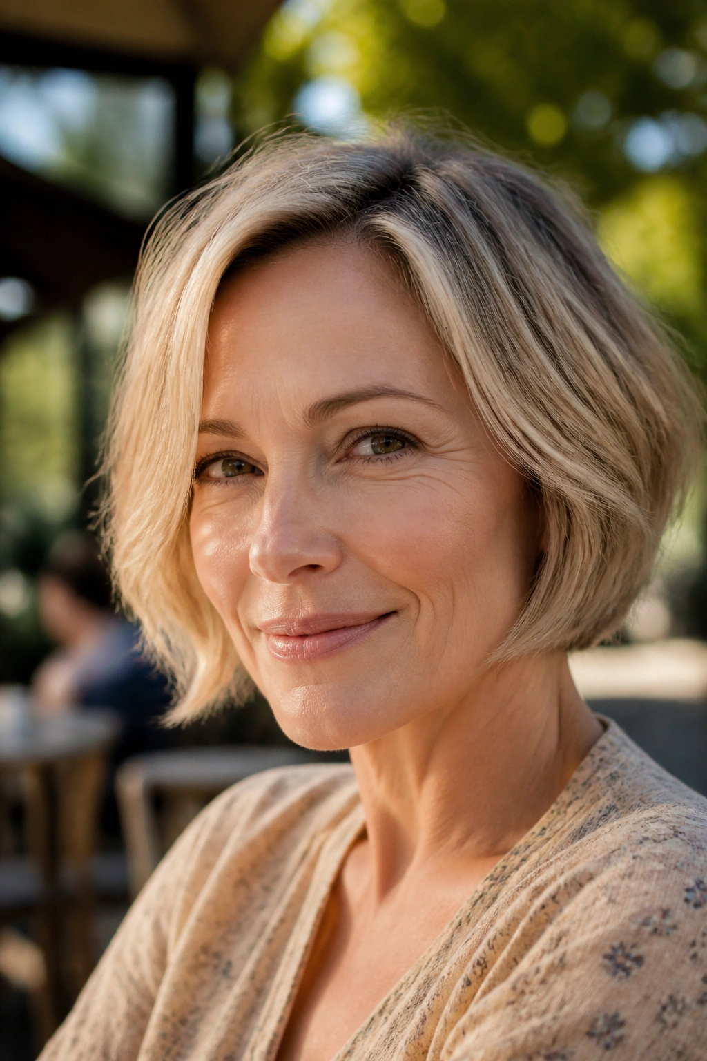 Close-up portrait of a woman with an airy short bob and soft ends