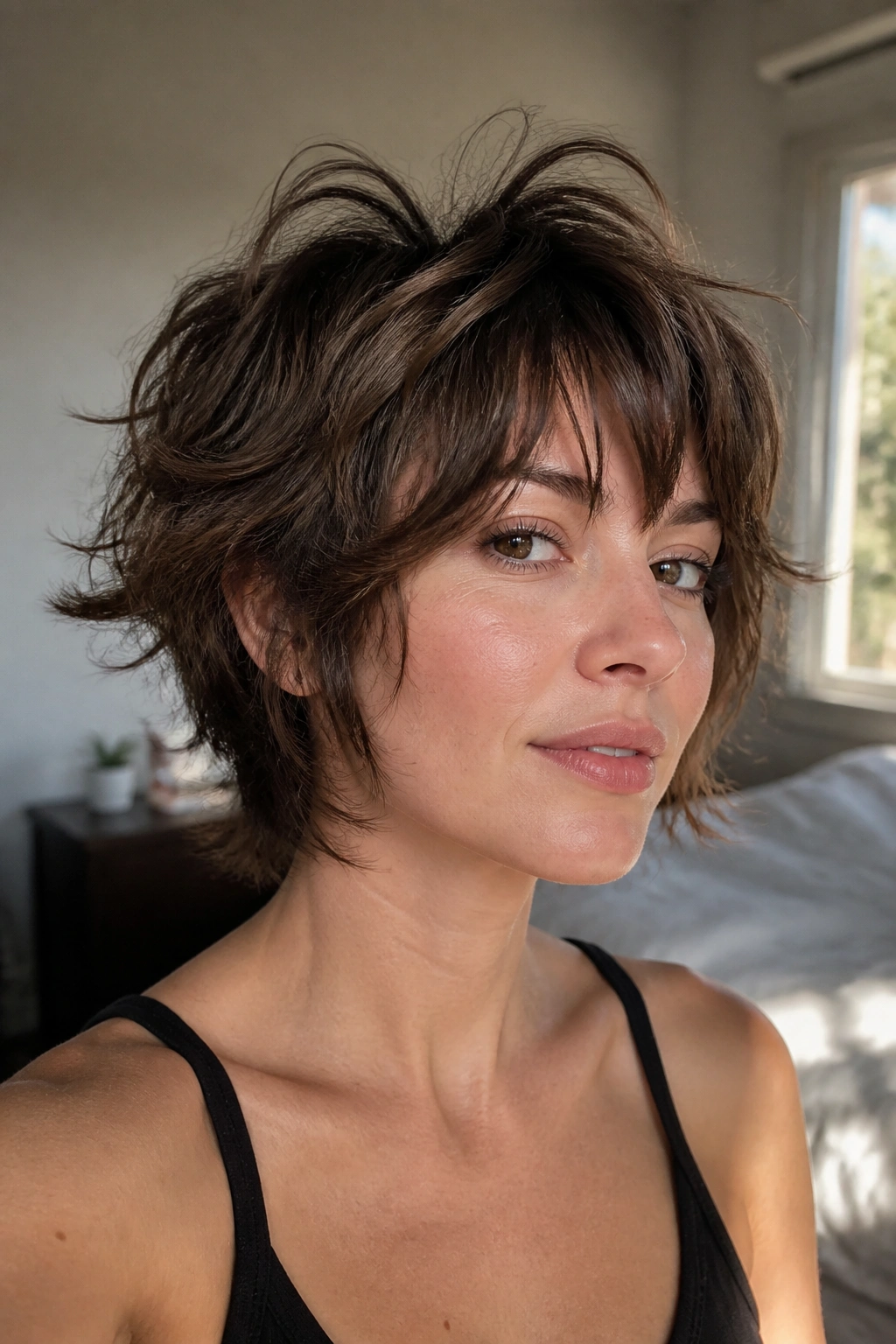 Portrait of a real woman with an airy short shag hairstyle in natural window light