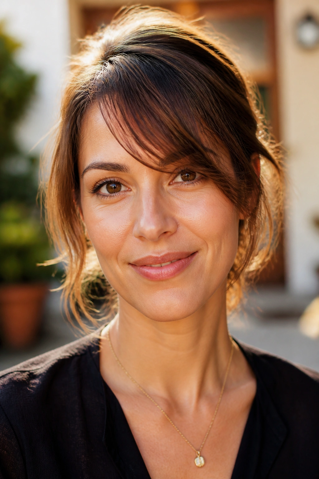 Close-up of airy side-curtain fringe on a real person, diagonal soft frame.