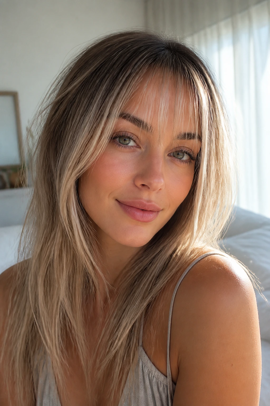 Close-up of a real woman with airy thin bangs in pearl blonde