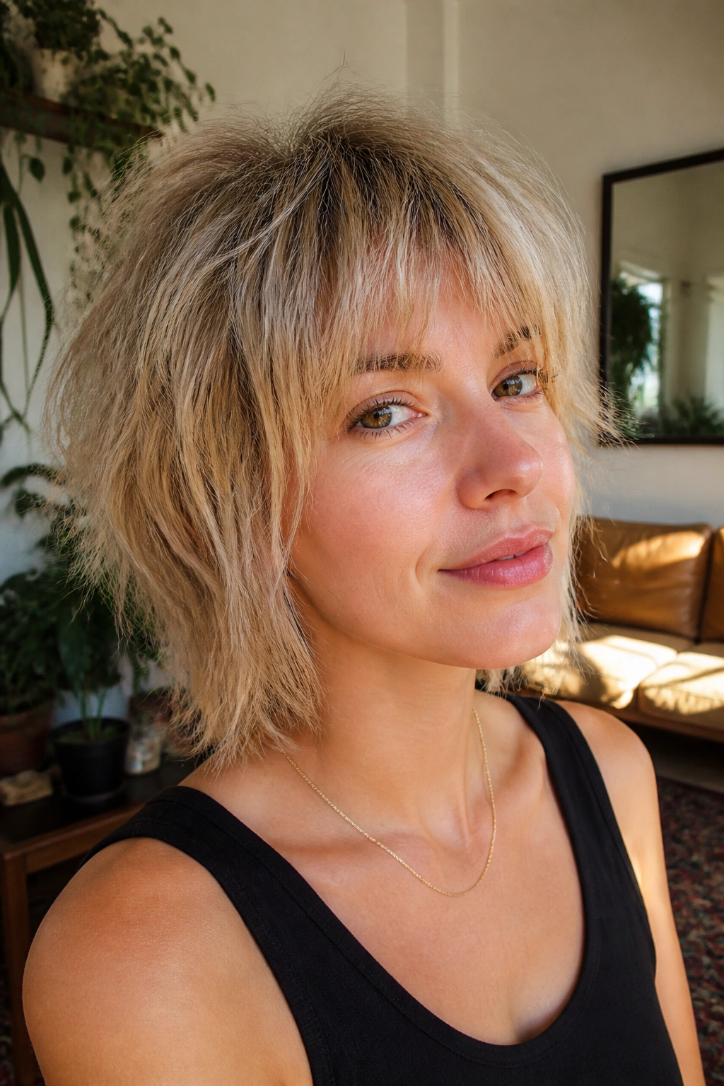 Close-up portrait of a real woman with airy thin-hair shag and subtle face framing