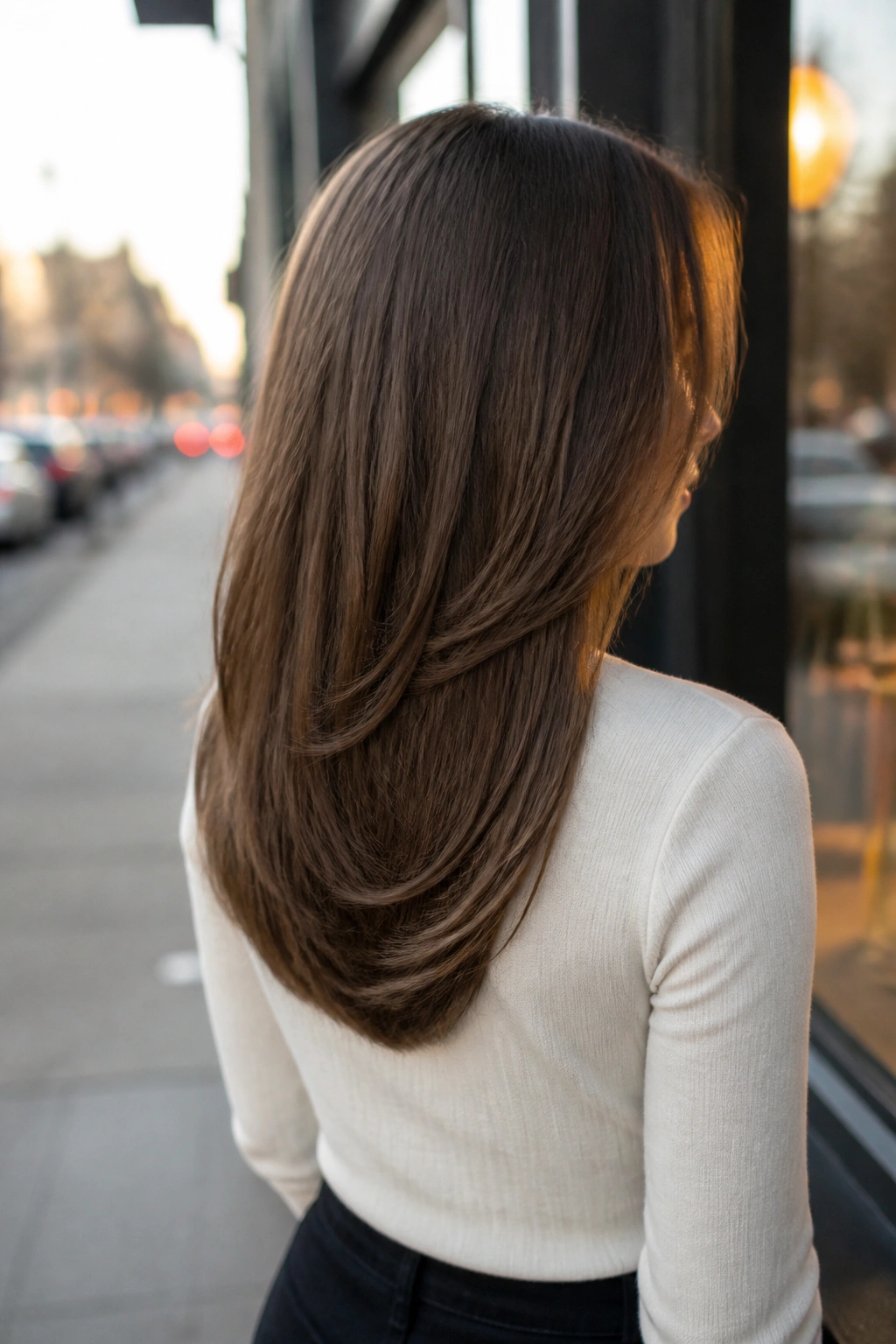 Rear three-quarter view of a real woman with an airy U-cut for flat hair.