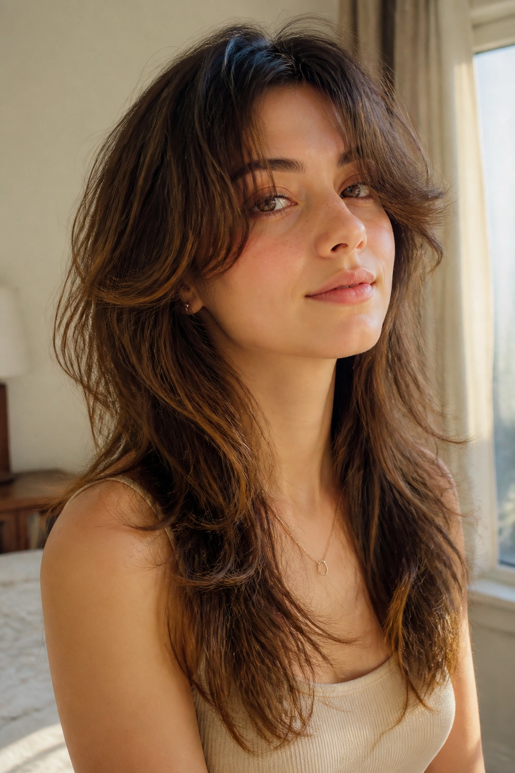 Close-up portrait of a real woman with a low-maintenance airy wolf cut, soft layers and crown lift in natural window light