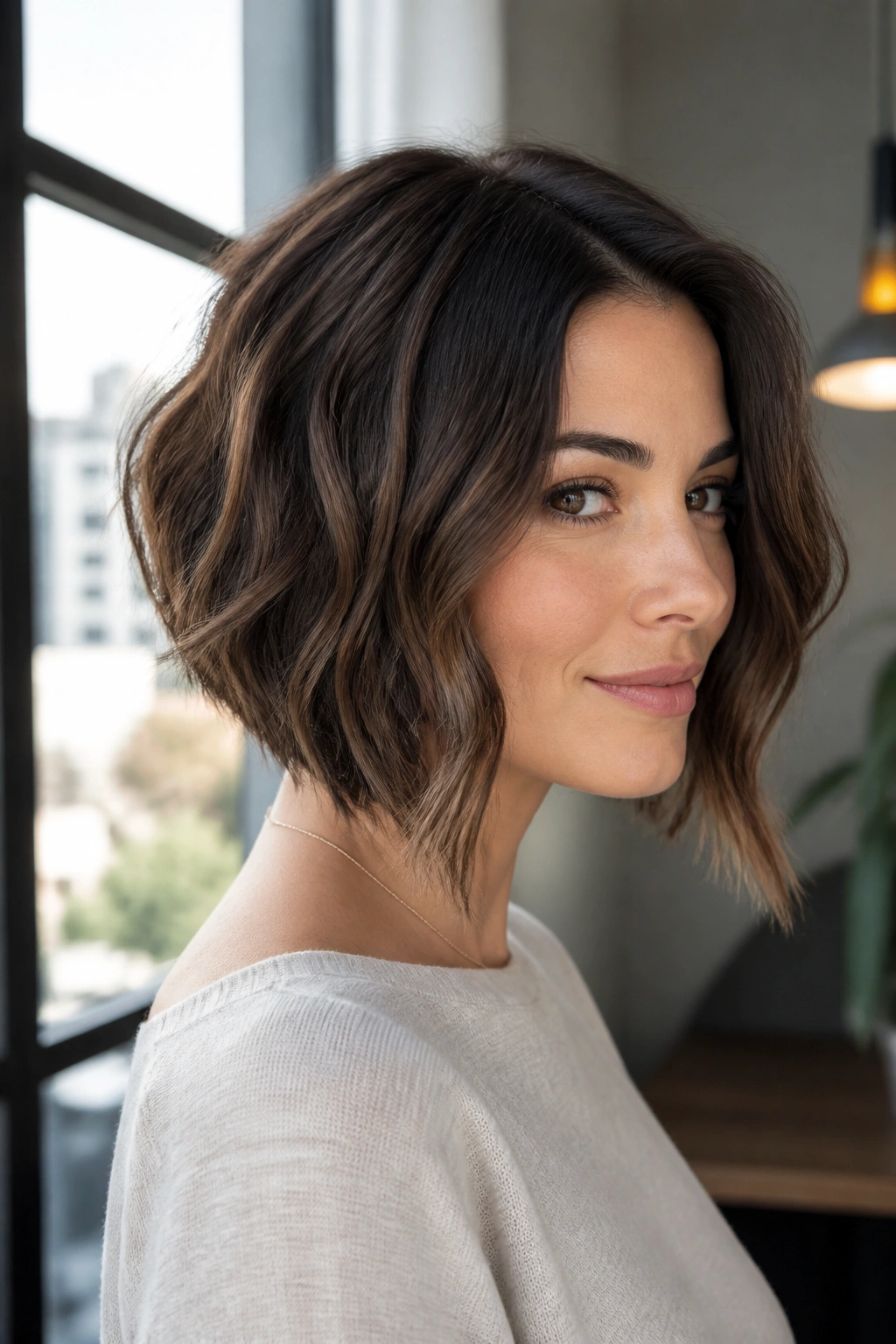 Real woman with an A-line bob and slight angle.