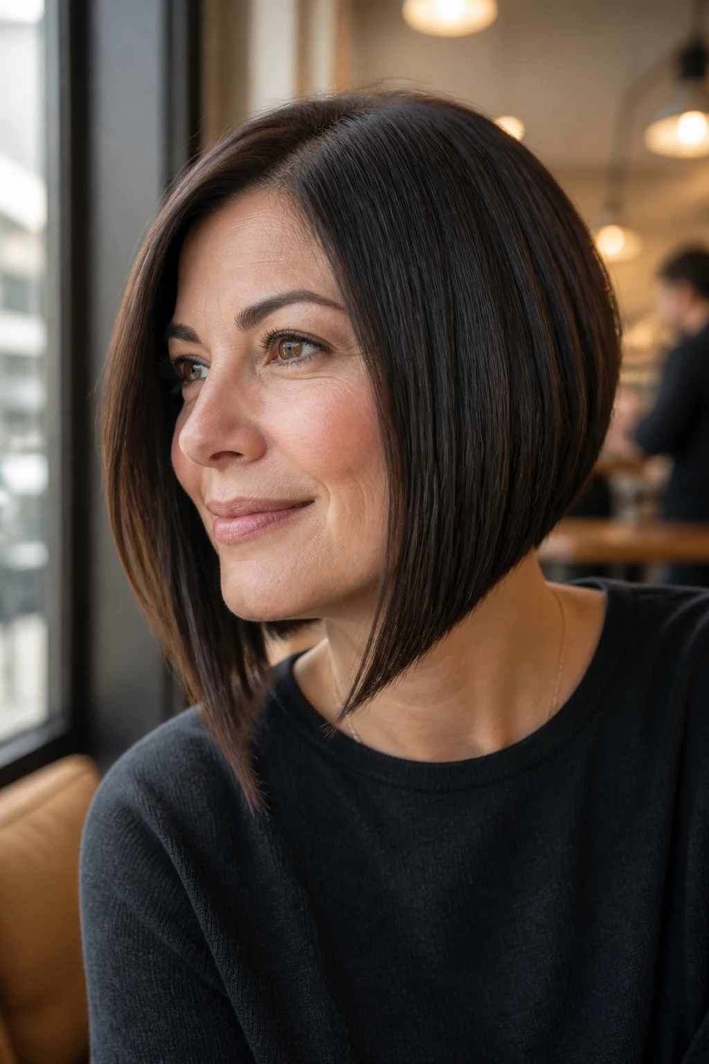Portrait of a real woman with an A-line bob and clean angle along the jaw.