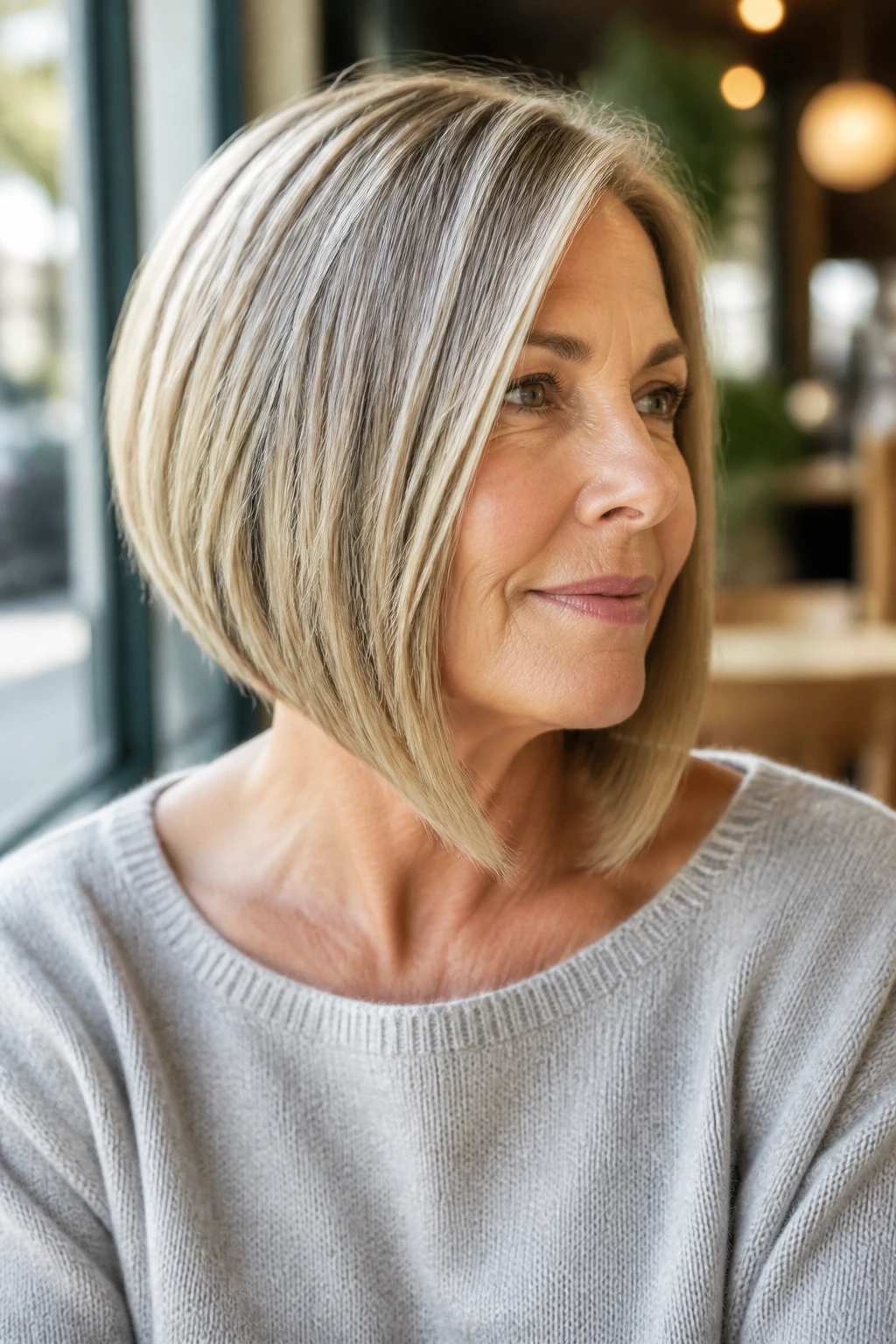 Close-up portrait of a real woman with an A-line bob angled forward