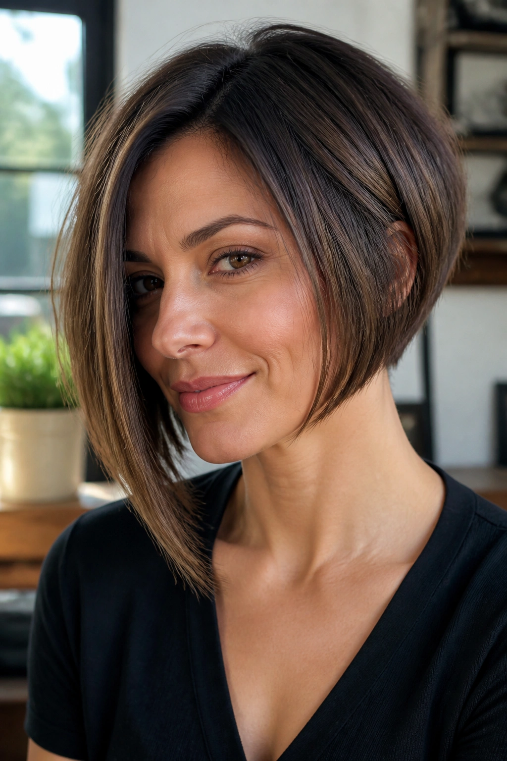 Close-up portrait of a real woman with an A-line bob showing front length.