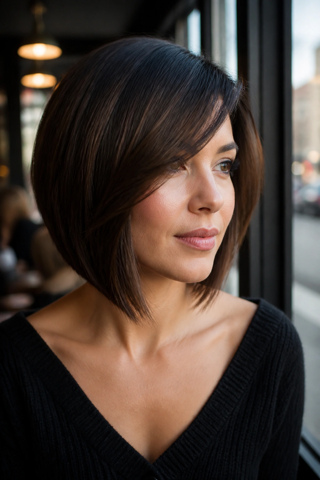 Portrait of a woman with an A-line bob and long side bangs in cafe window light