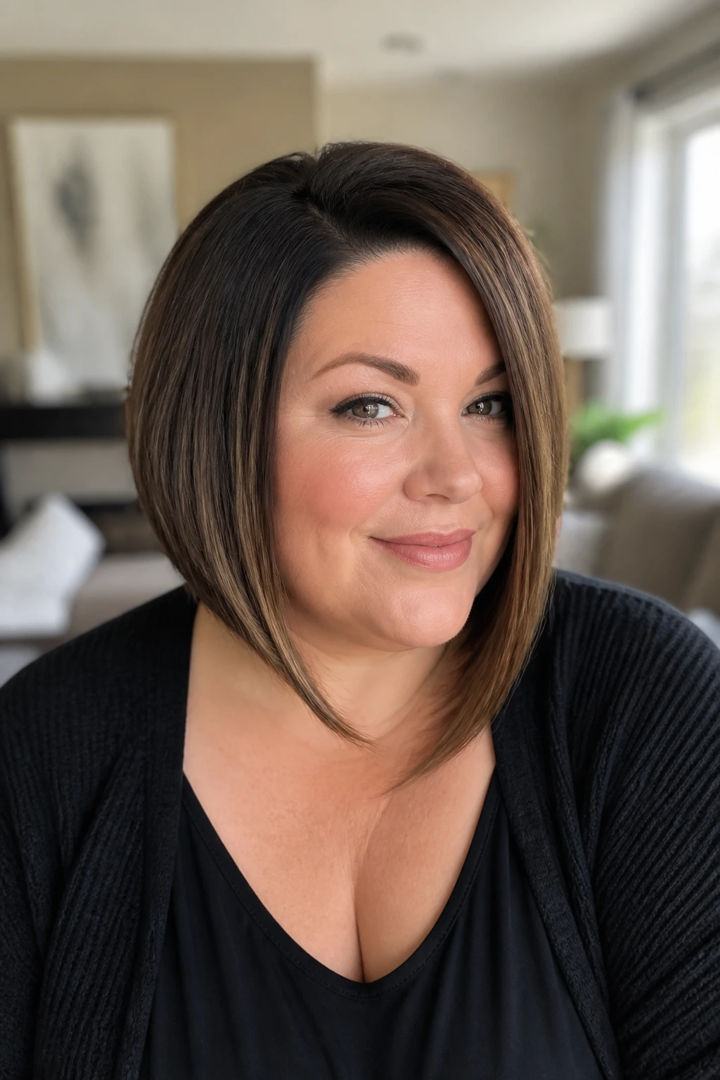 Plus-size woman with A-line bob longer front pieces close-up
