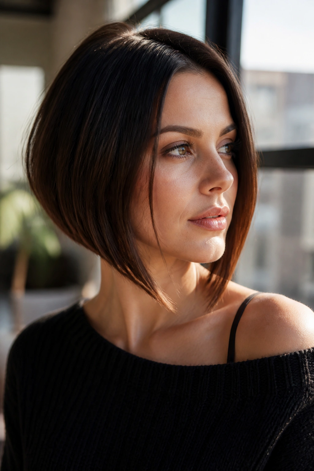 Portrait of a real woman with A-line bob and longer front pieces