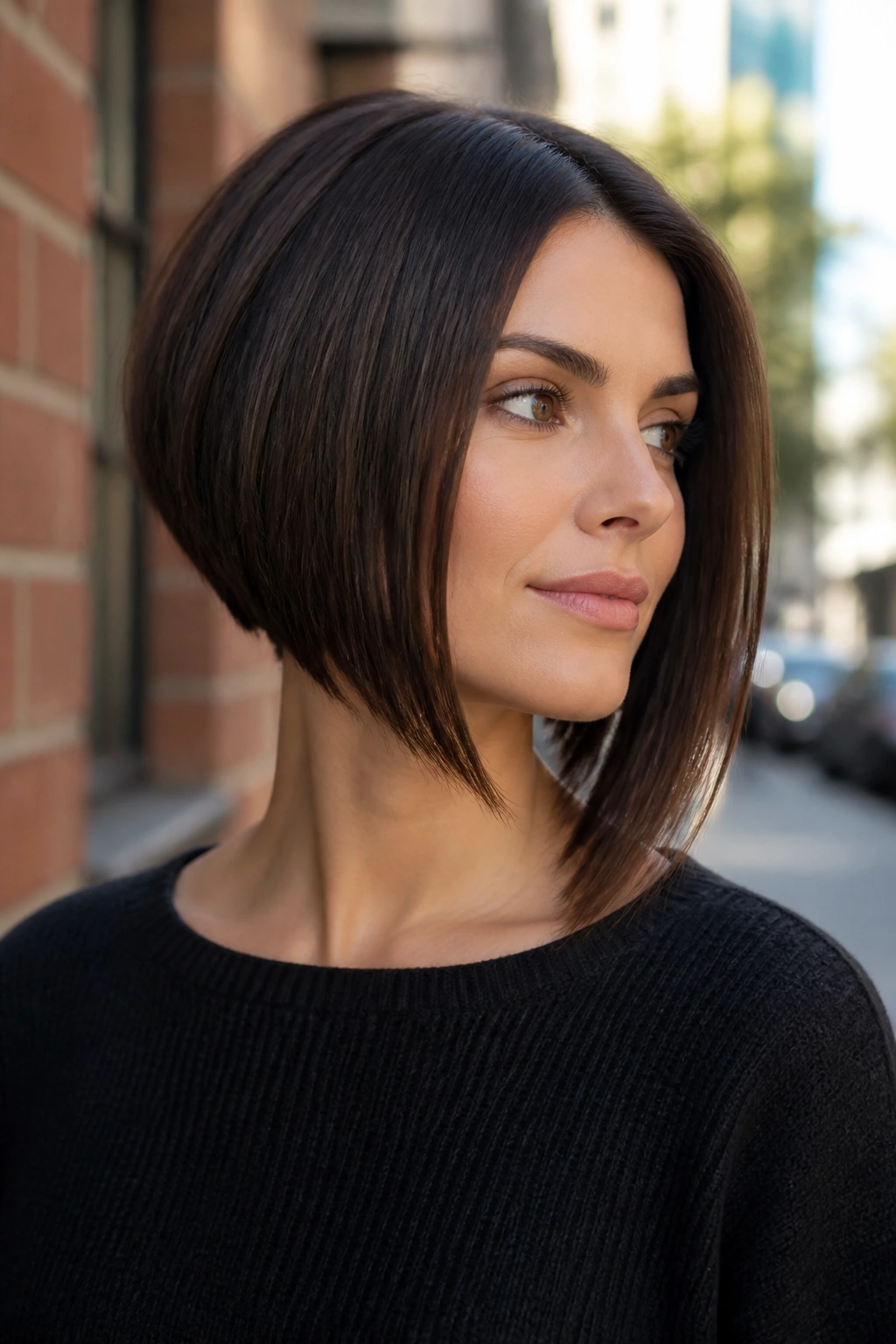 Woman with A-Line bob showing forward slope